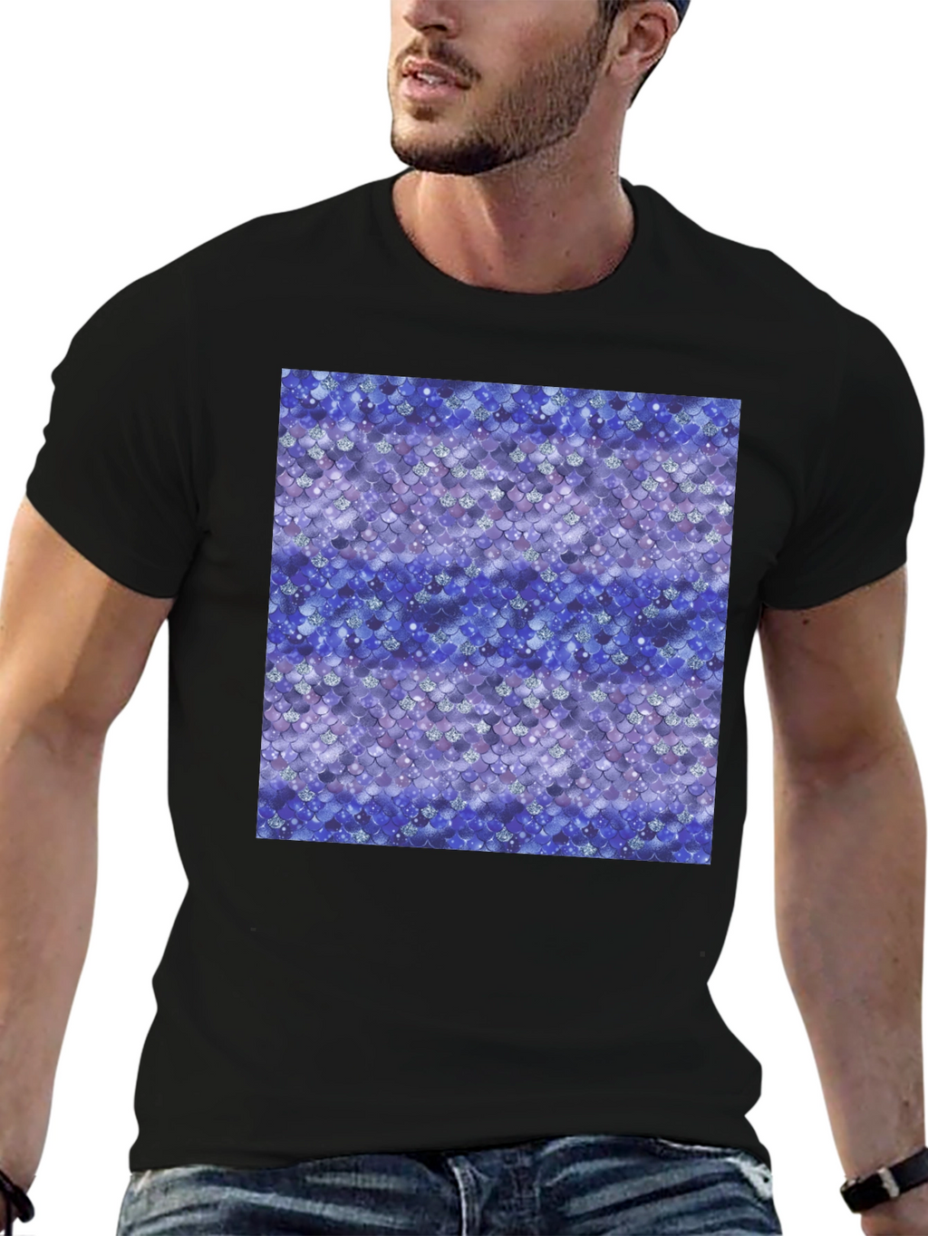 Blue Mermaid Scales Print Black T-Shirt