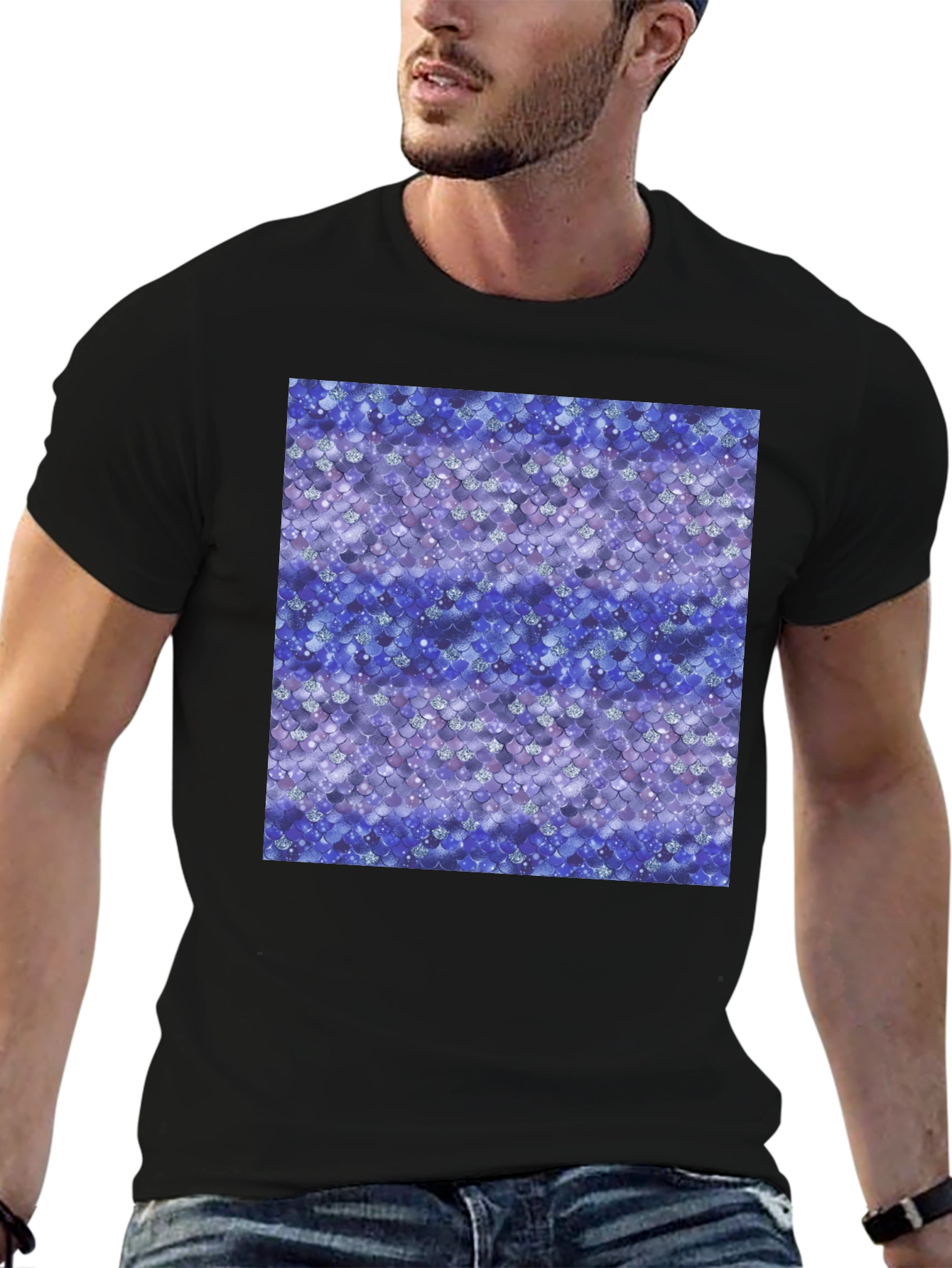 Blue Mermaid Scales Print Black T-Shirt