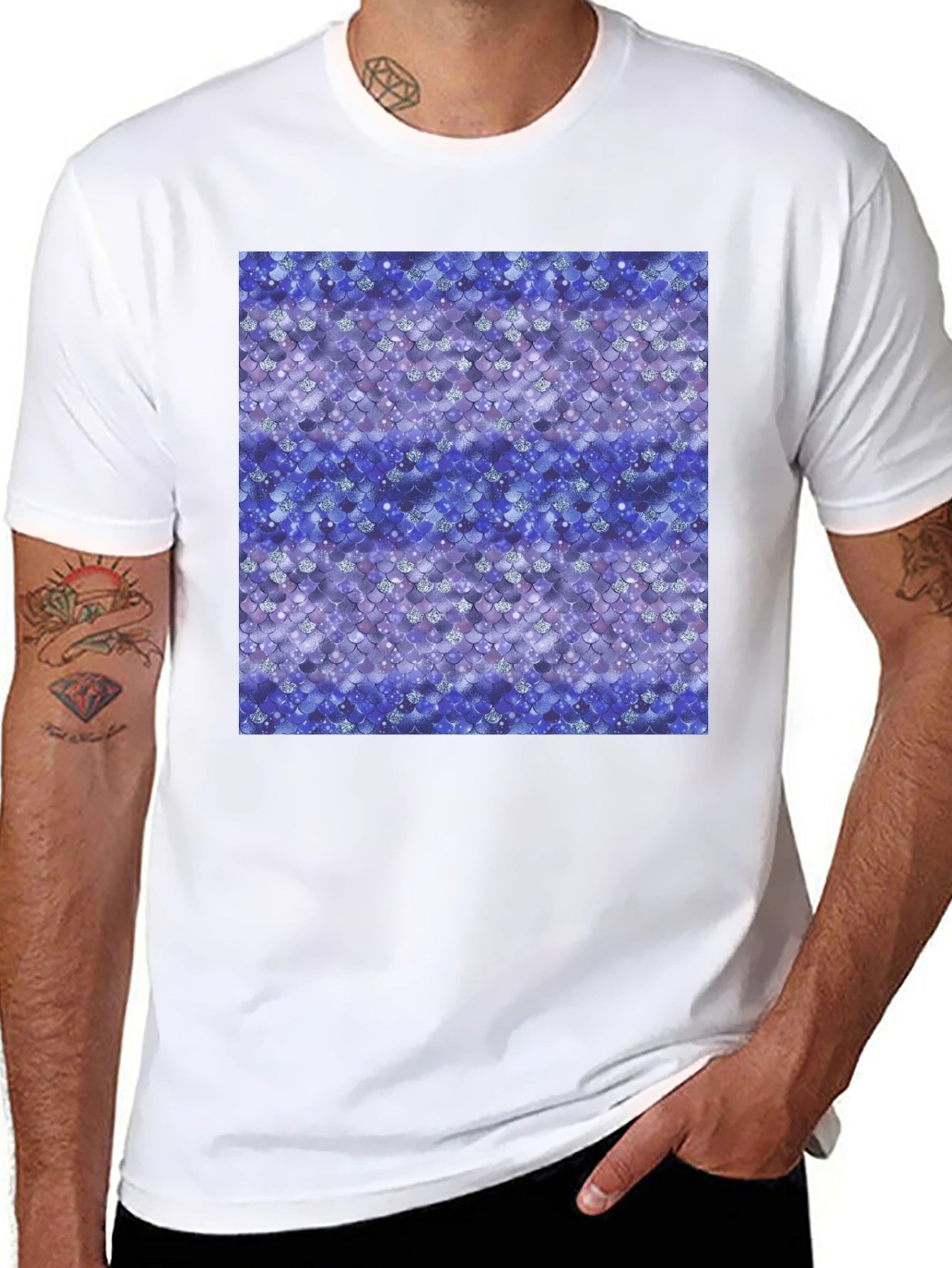 Blue Mermaid Scales Print Black T-Shirt