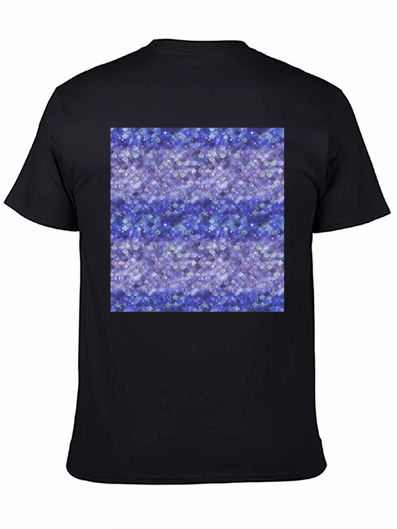 Blue Mermaid Scales Print Black T-Shirt