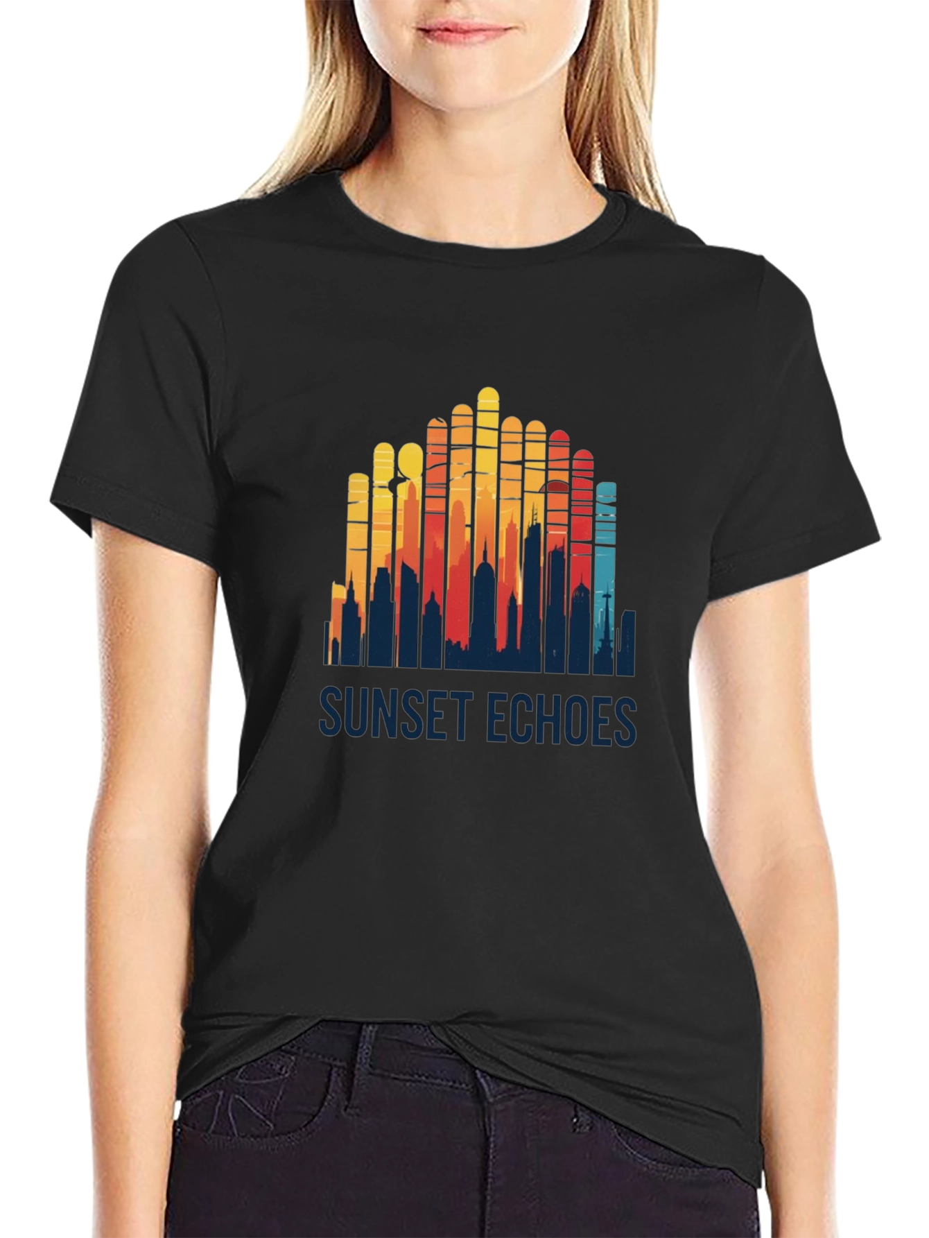 Sunset Echoes Graphic Tee - Retro Cityscape Design