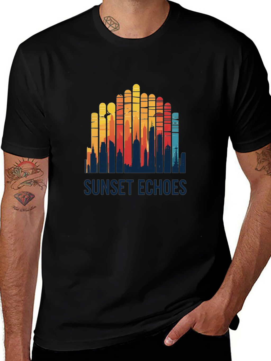 Sunset Echoes Graphic Tee - Retro Cityscape Design