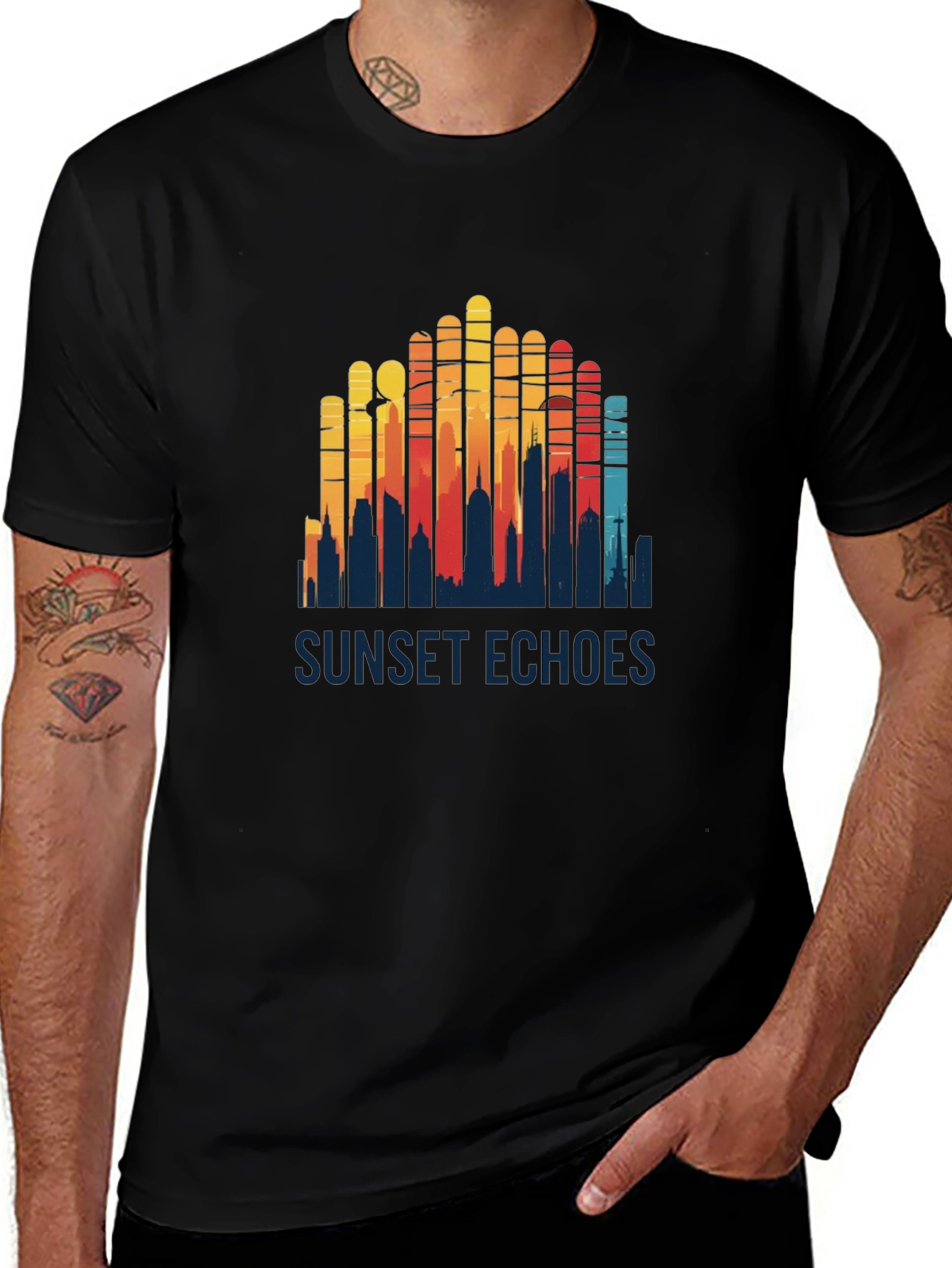 Sunset Echoes Graphic Tee - Retro Cityscape Design