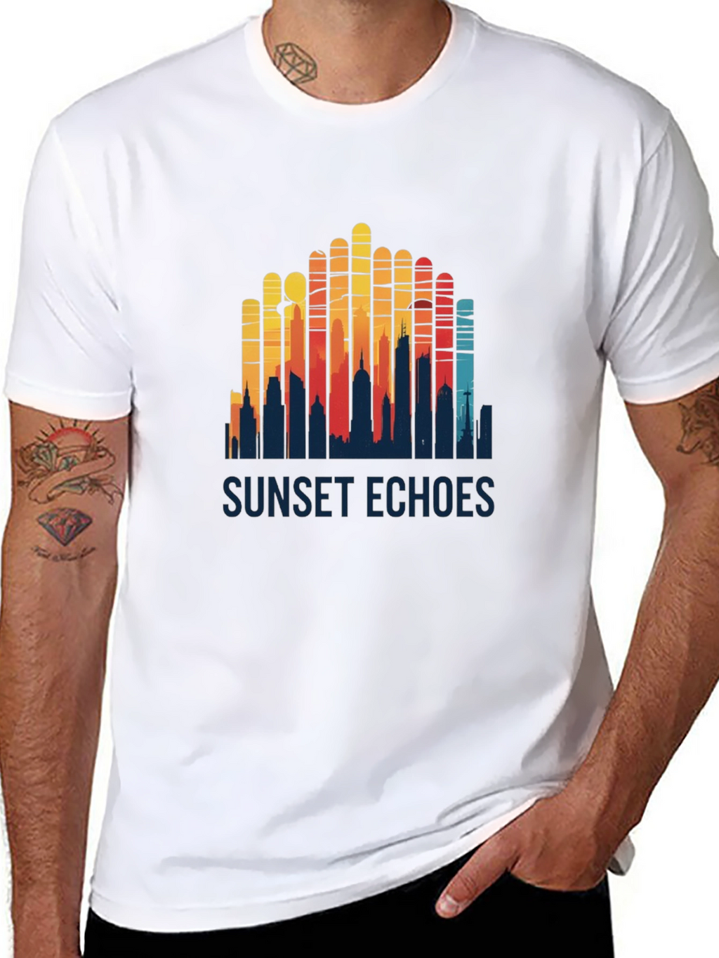 Sunset Echoes Graphic Tee - Retro Cityscape Design