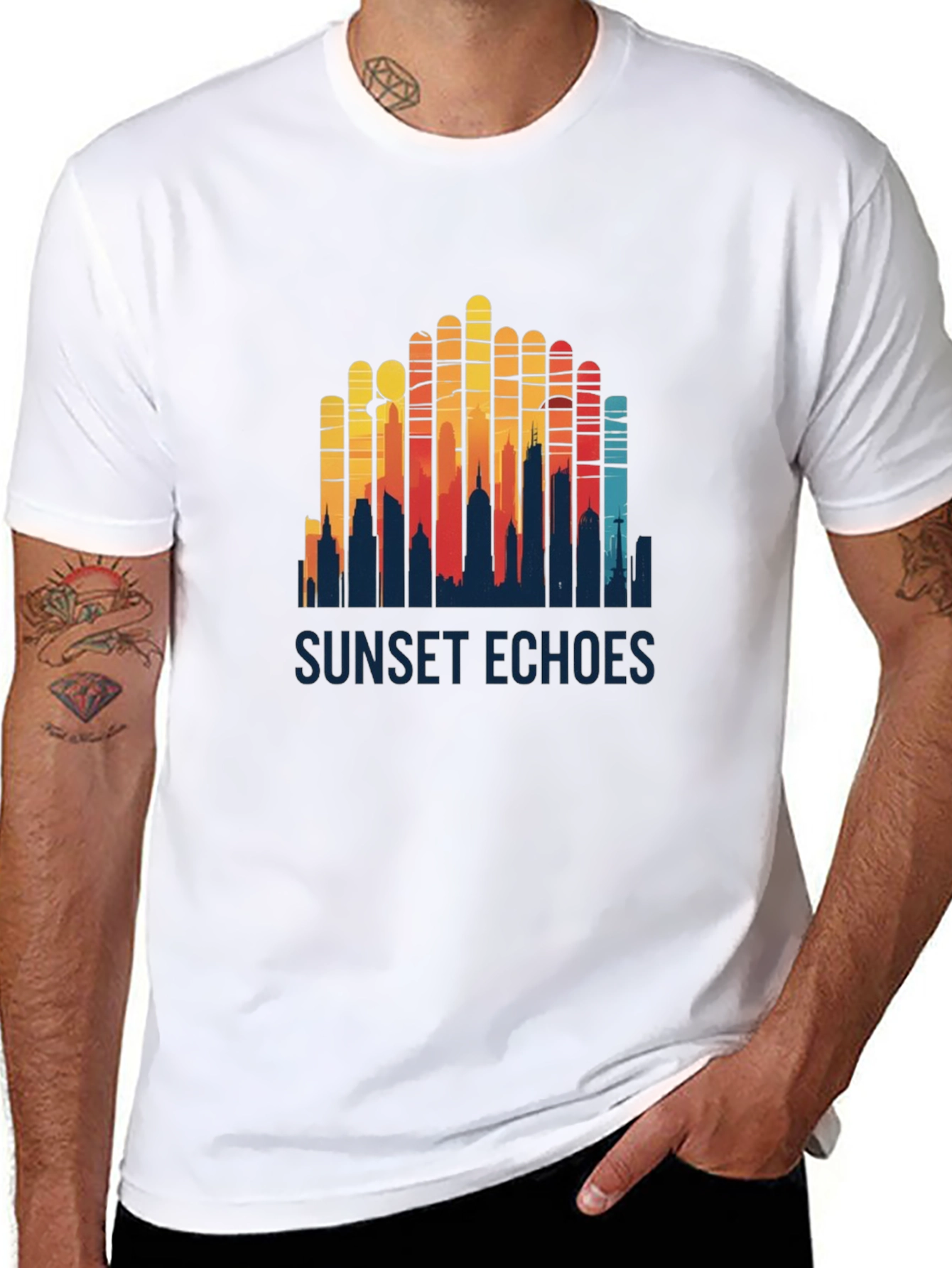 Sunset Echoes Graphic Tee - Retro Cityscape Design