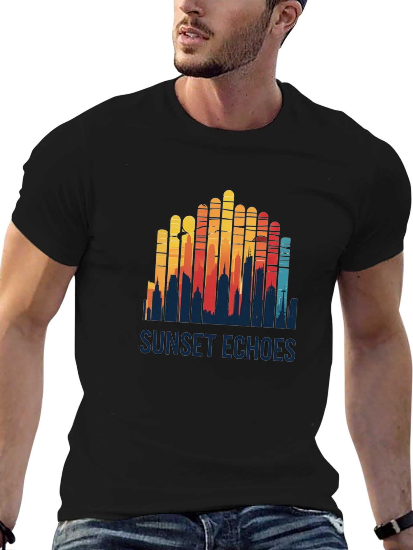 Sunset Echoes Graphic Tee - Retro Cityscape Design