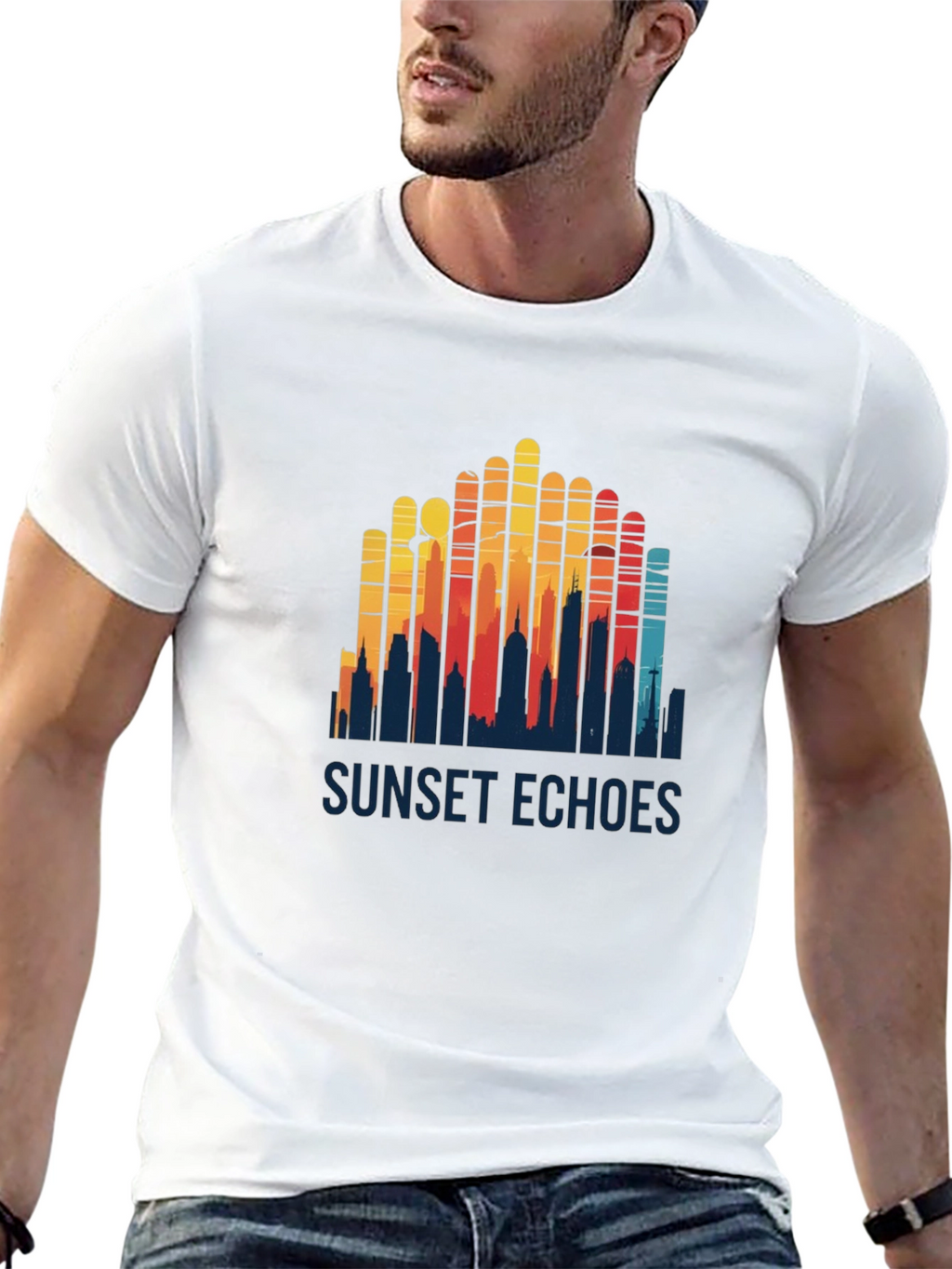 Sunset Echoes Graphic Tee - Retro Cityscape Design