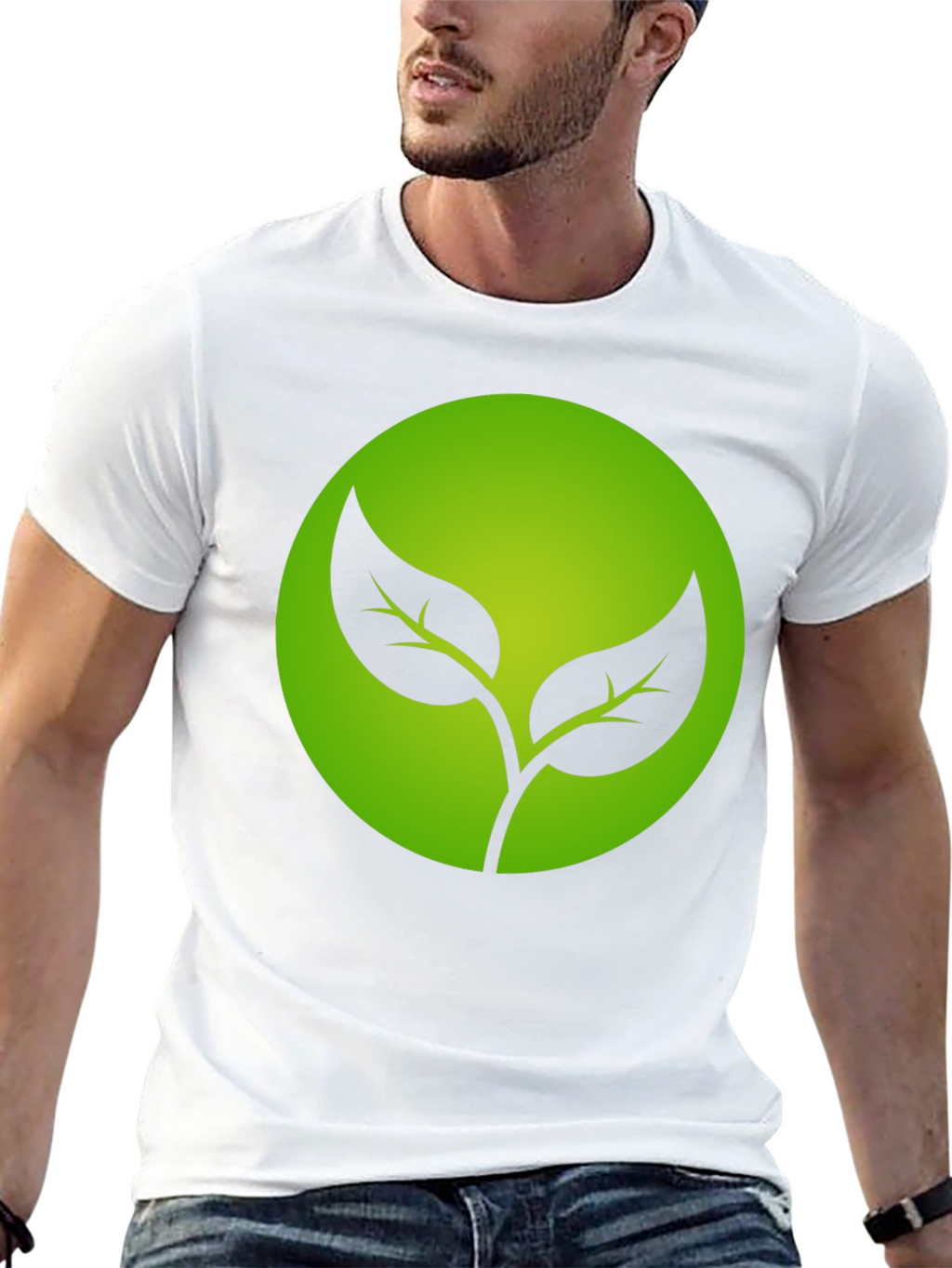 Eco-Friendly Black T-Shirt with Green Leaf Design