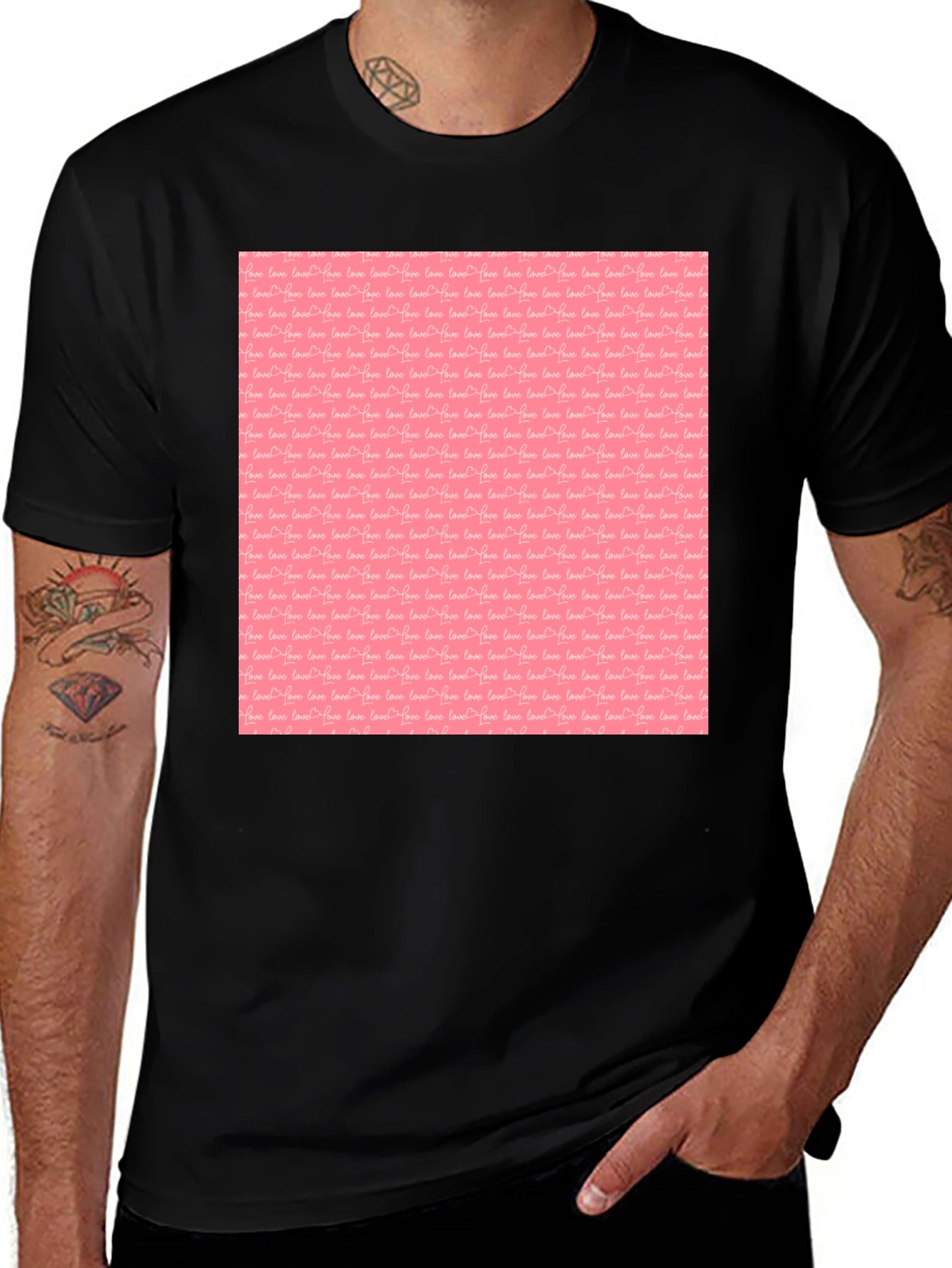 Black Tee with Pink Love Pattern