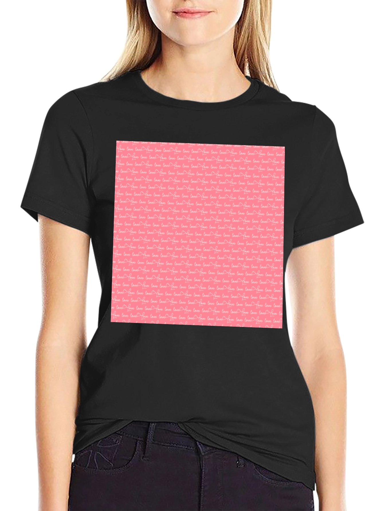 Black Tee with Pink Love Pattern