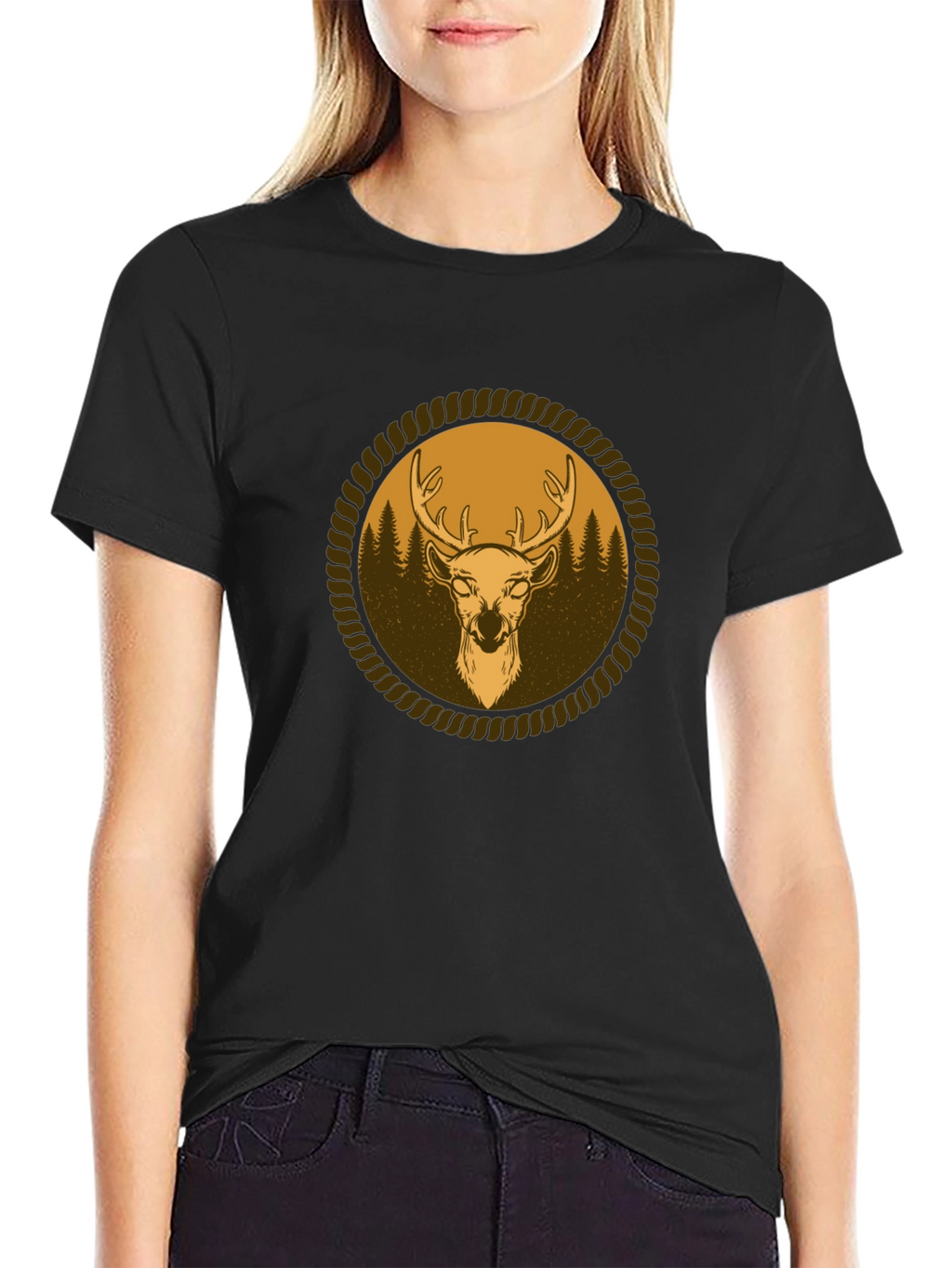 Mens Black T-Shirt with Deer Graphic