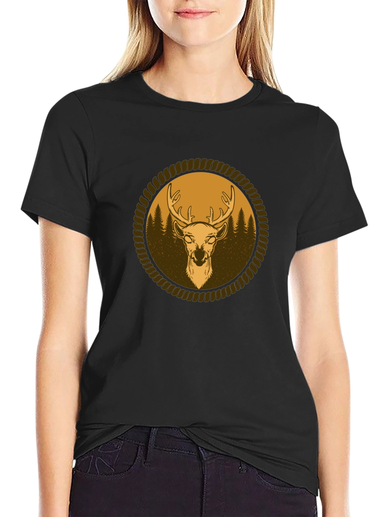 Mens Black T-Shirt with Deer Graphic