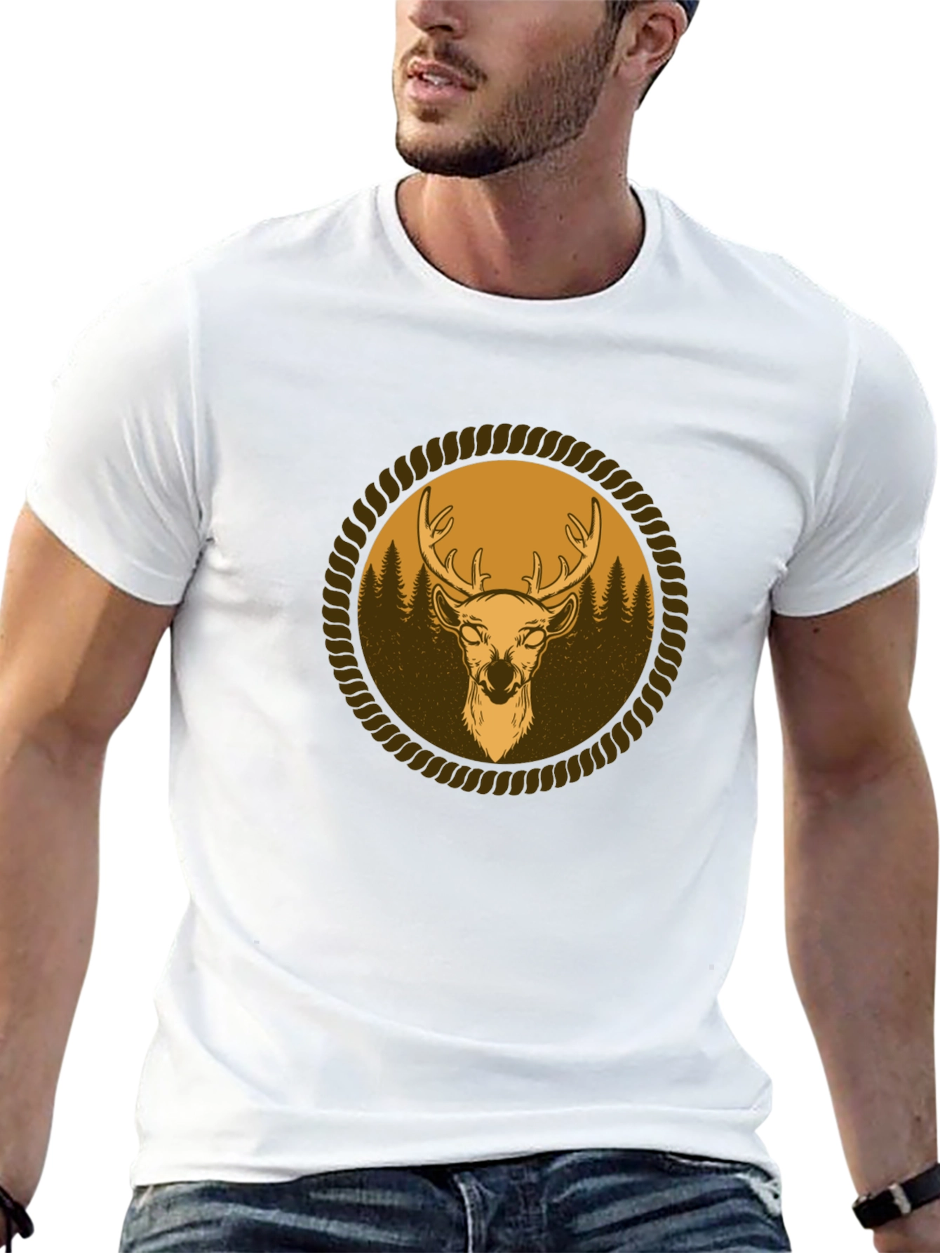 Mens Black T-Shirt with Deer Graphic
