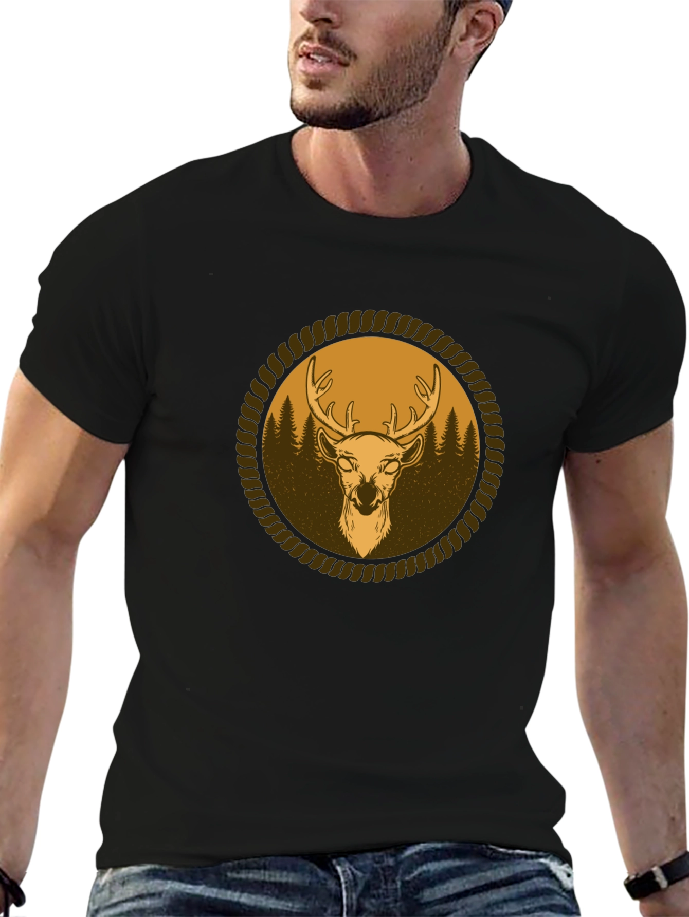 Mens Black T-Shirt with Deer Graphic