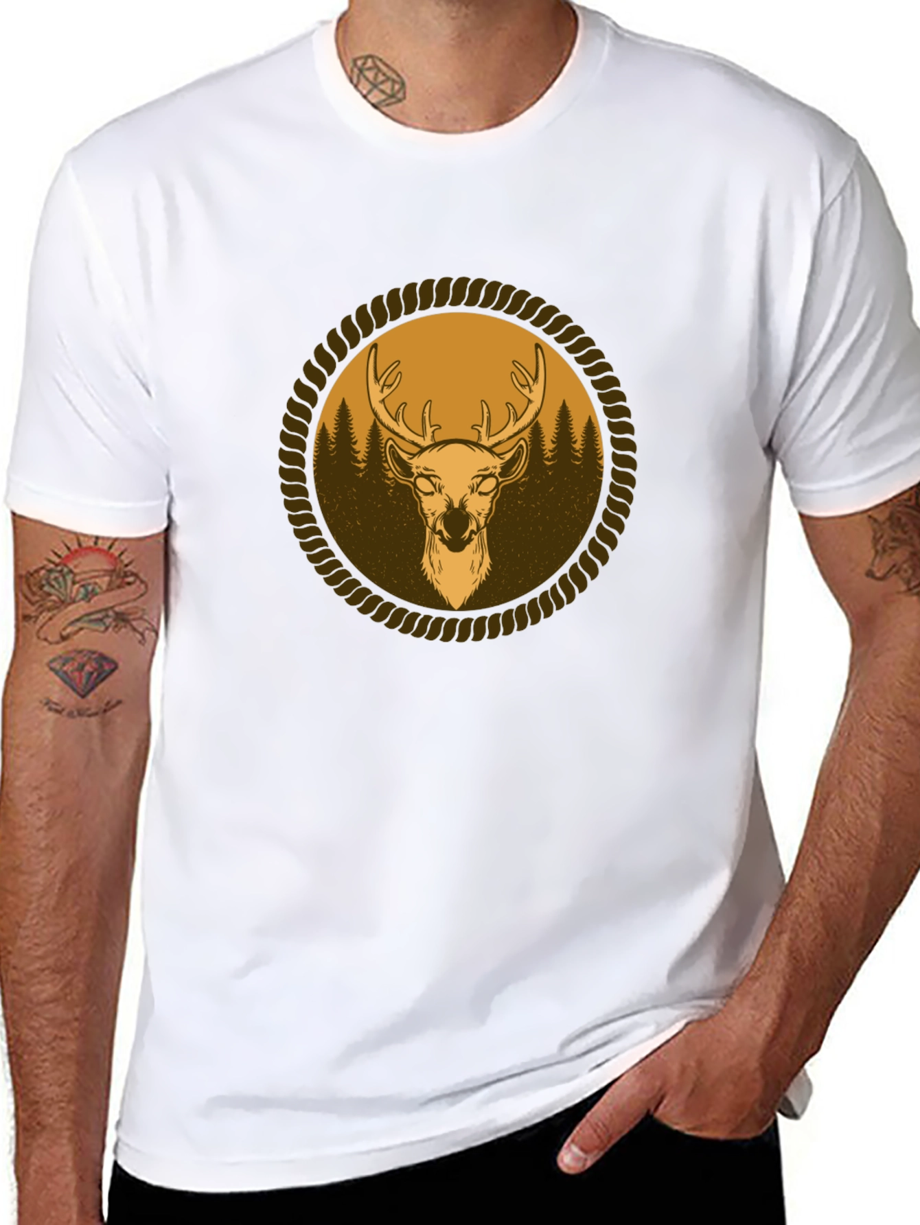 Mens Black T-Shirt with Deer Graphic