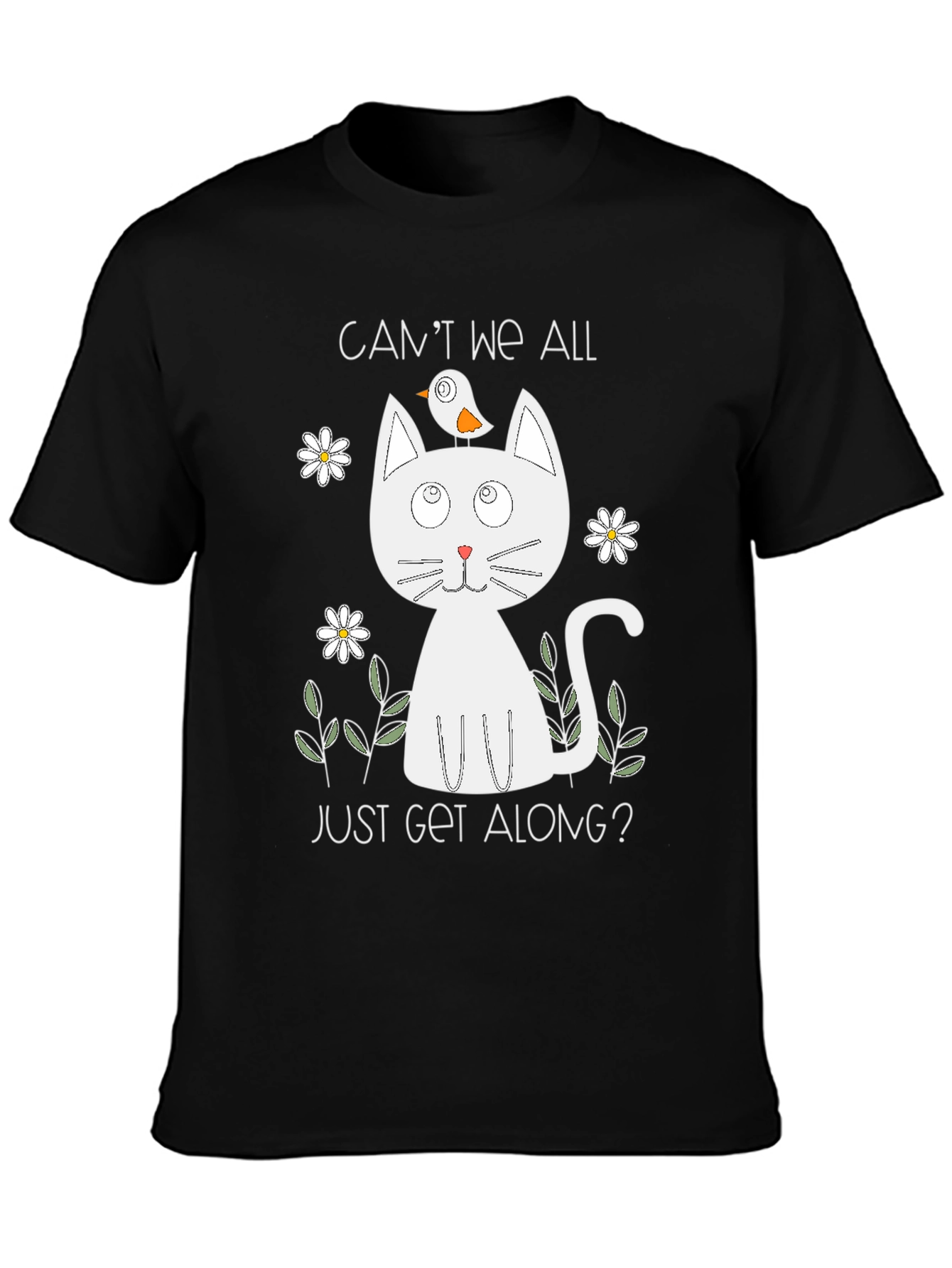 Cute Cat & Bird Graphic Tee - Cant We All Just Get Along?