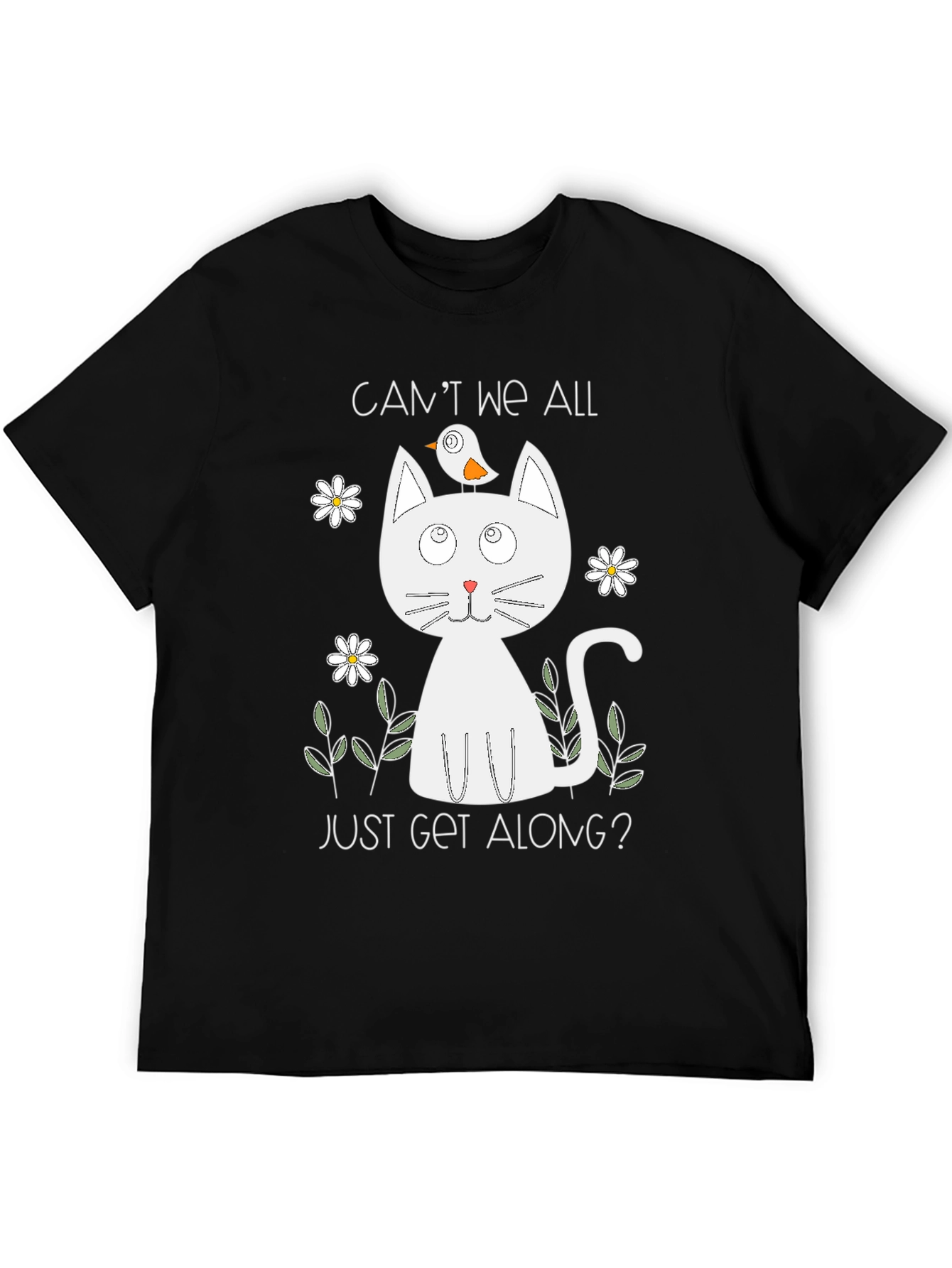 Cute Cat & Bird Graphic Tee - Cant We All Just Get Along?