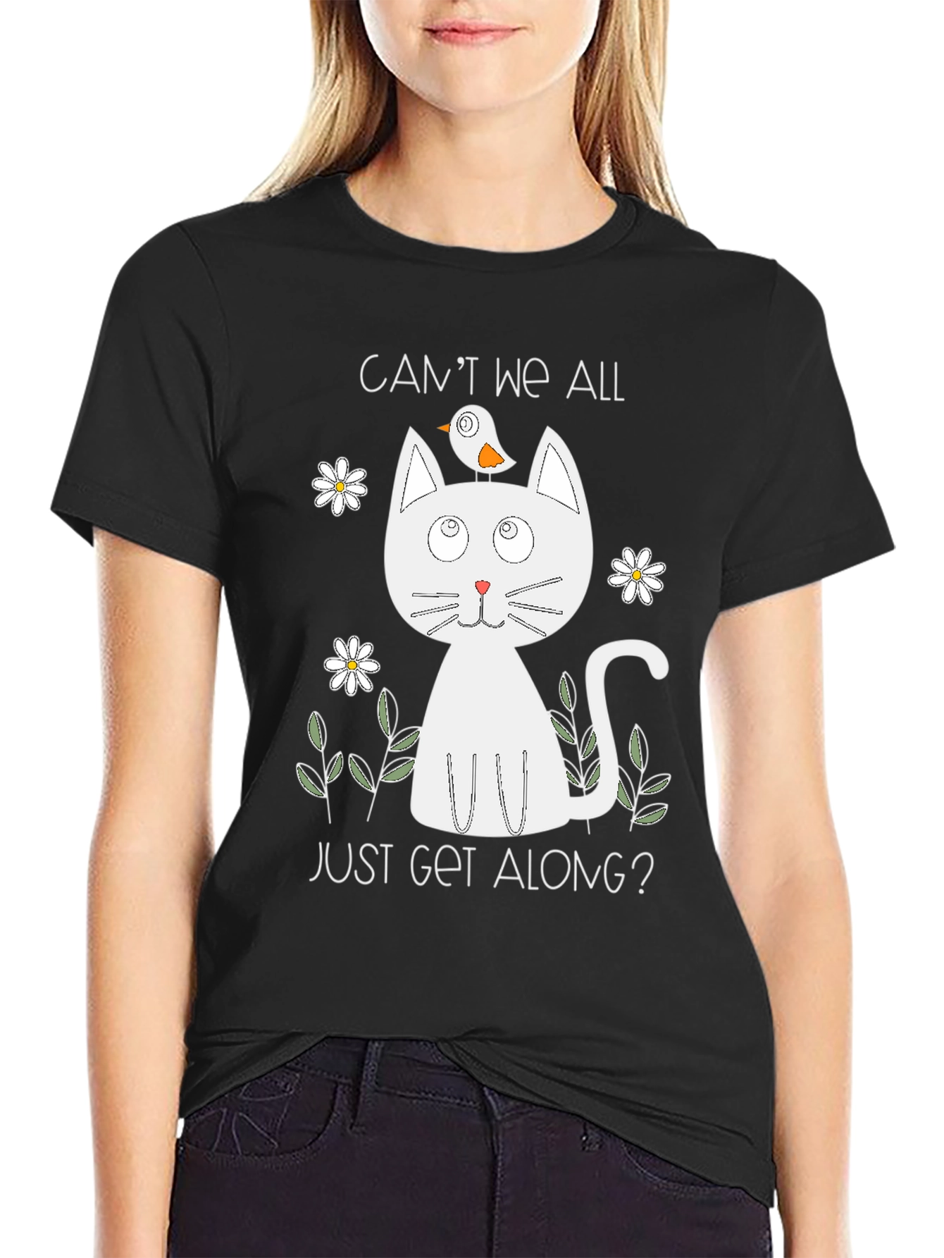 Cute Cat & Bird Graphic Tee - Cant We All Just Get Along?