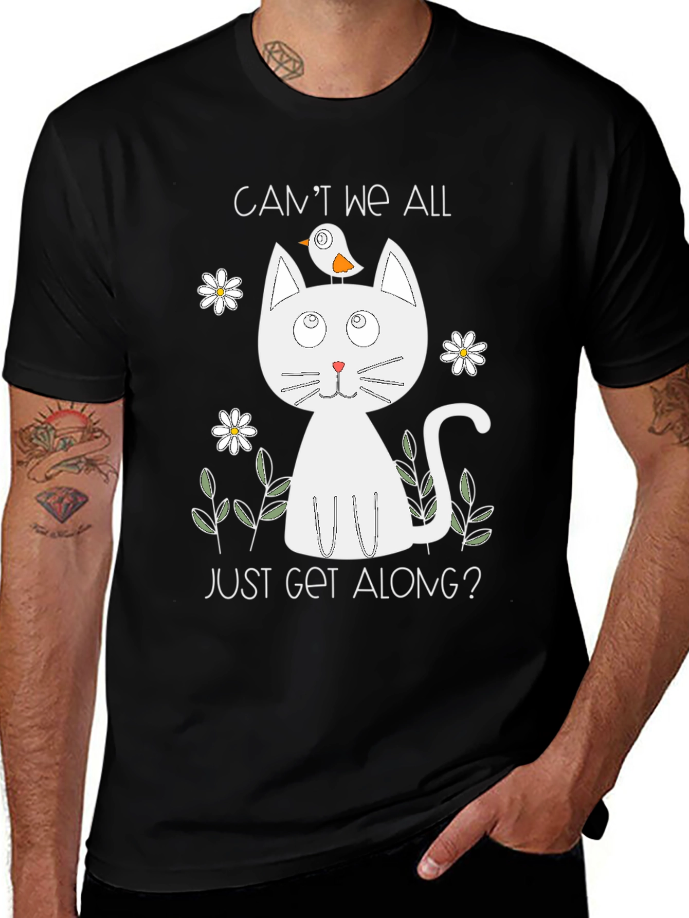 Cute Cat & Bird Graphic Tee - Cant We All Just Get Along?