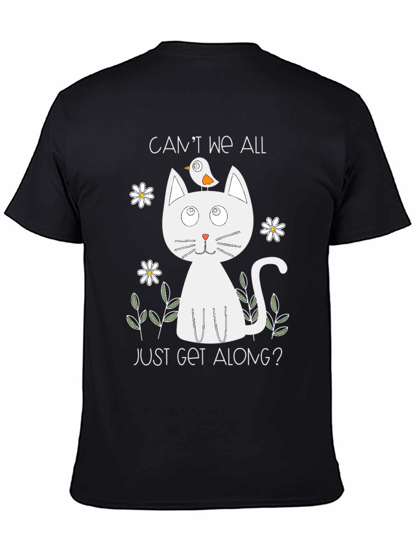 Cute Cat & Bird Graphic Tee - Cant We All Just Get Along?