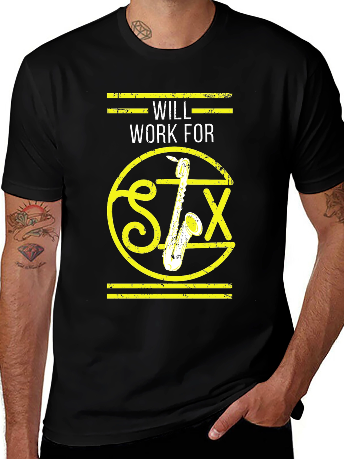 Will Work For Sax T-Shirt - Musician Apparel