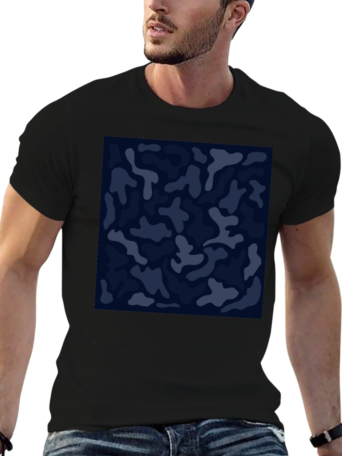 Mens Camo Print Black Crew Neck T-Shirt