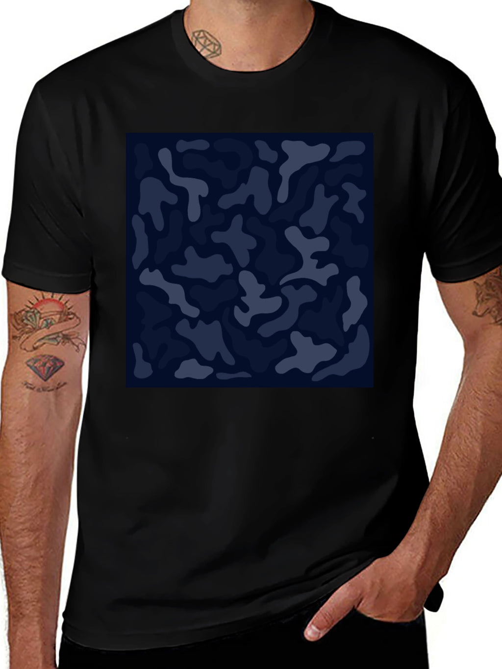 Mens Camo Print Black Crew Neck T-Shirt