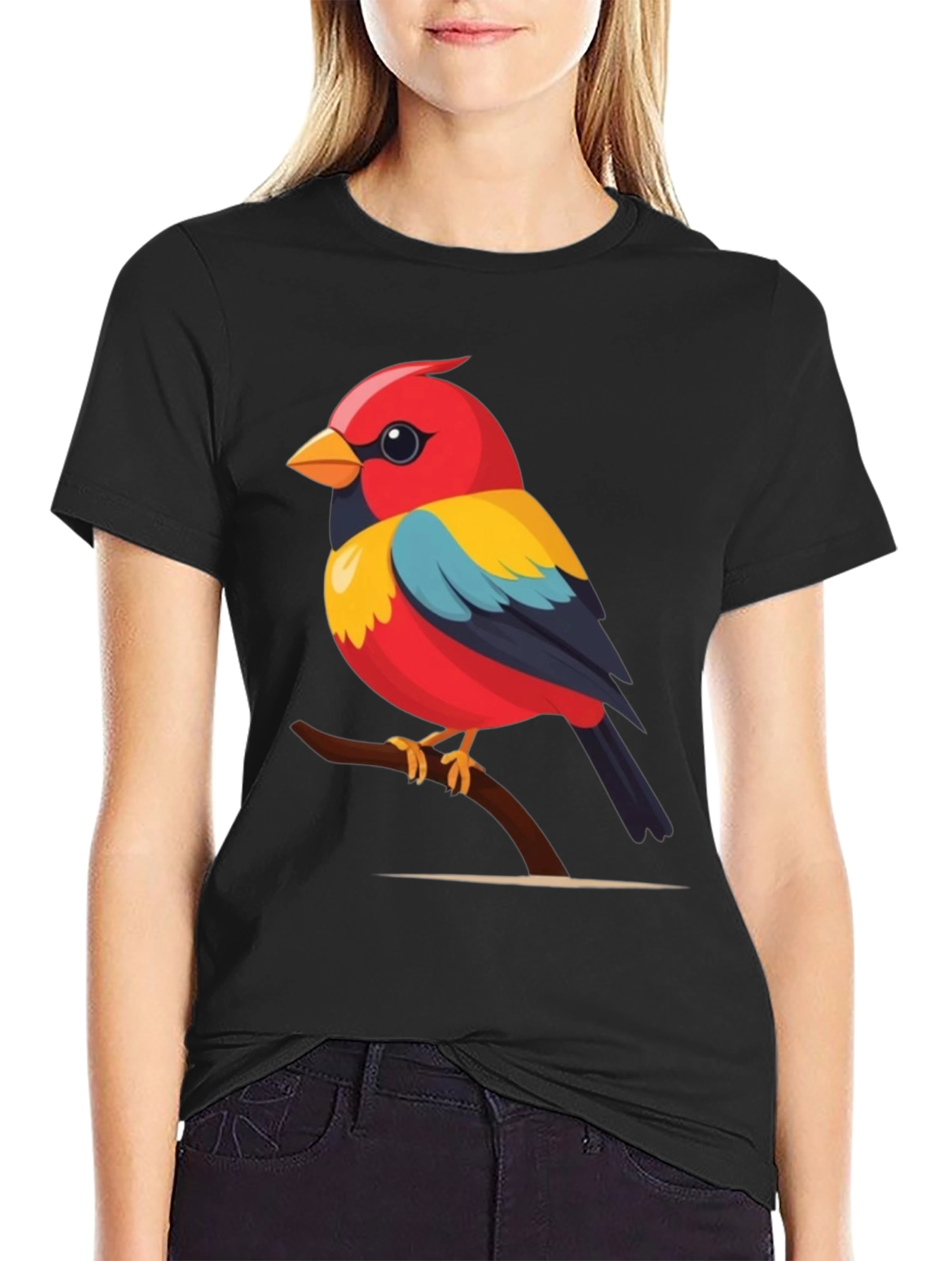 Bird on Branch Graphic Tee - Black Cotton Casual Shirt