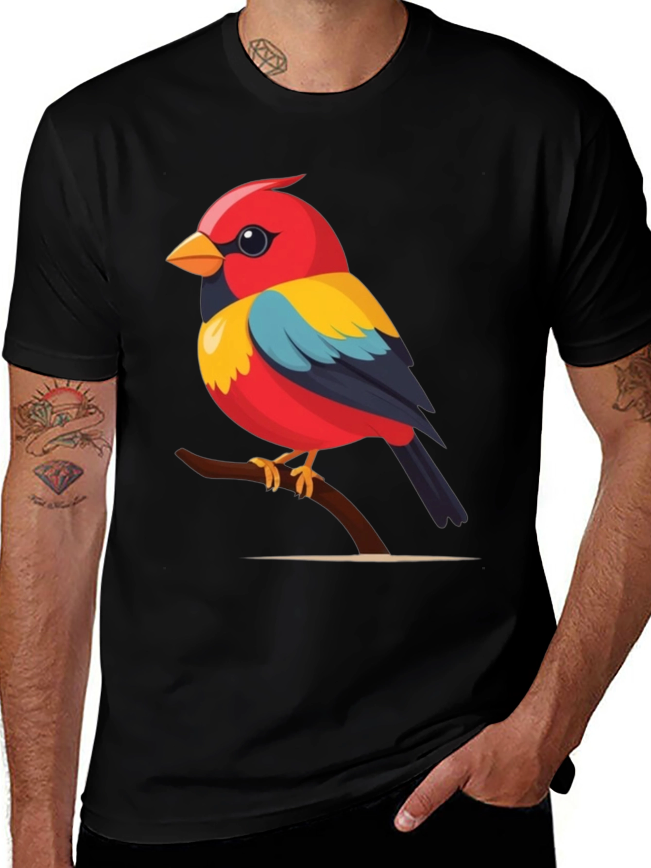 Bird on Branch Graphic Tee - Black Cotton Casual Shirt
