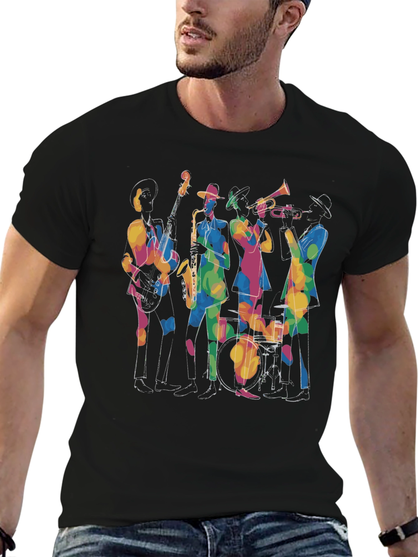 Jazz Band Graphic Black Tee - Cool Musical Design
