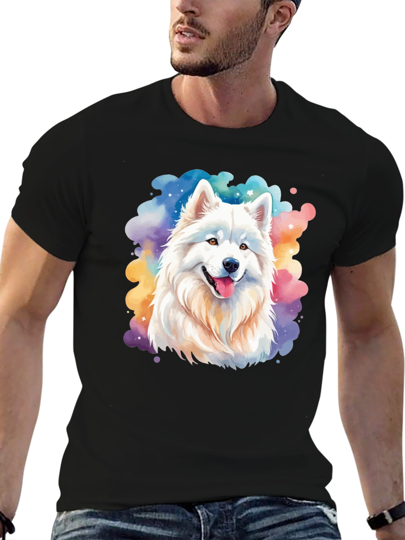 Watercolor Dog Graphic Tee - Black Cotton Blend