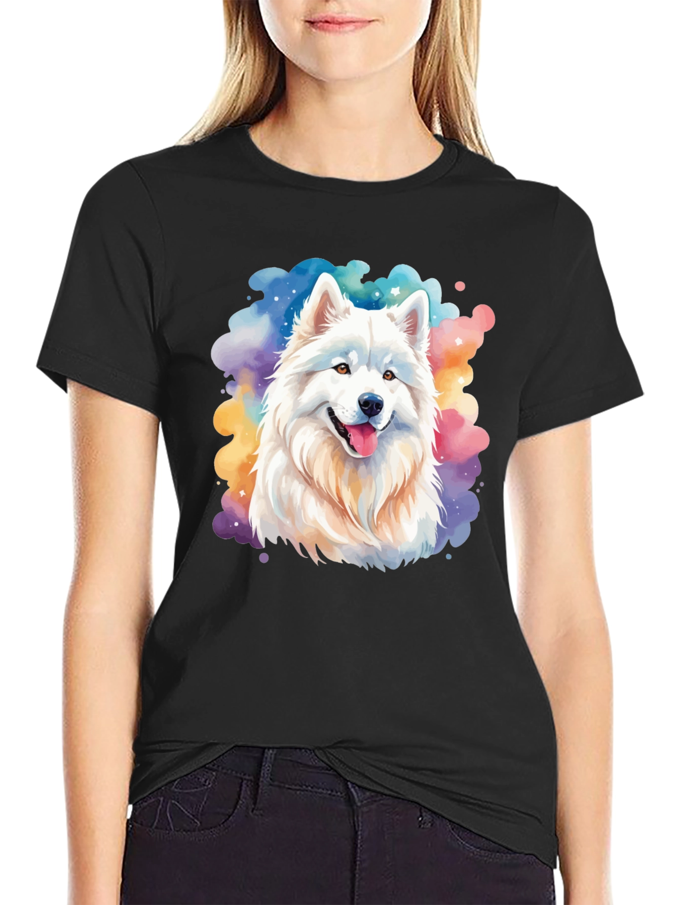 Watercolor Dog Graphic Tee - Black Cotton Blend