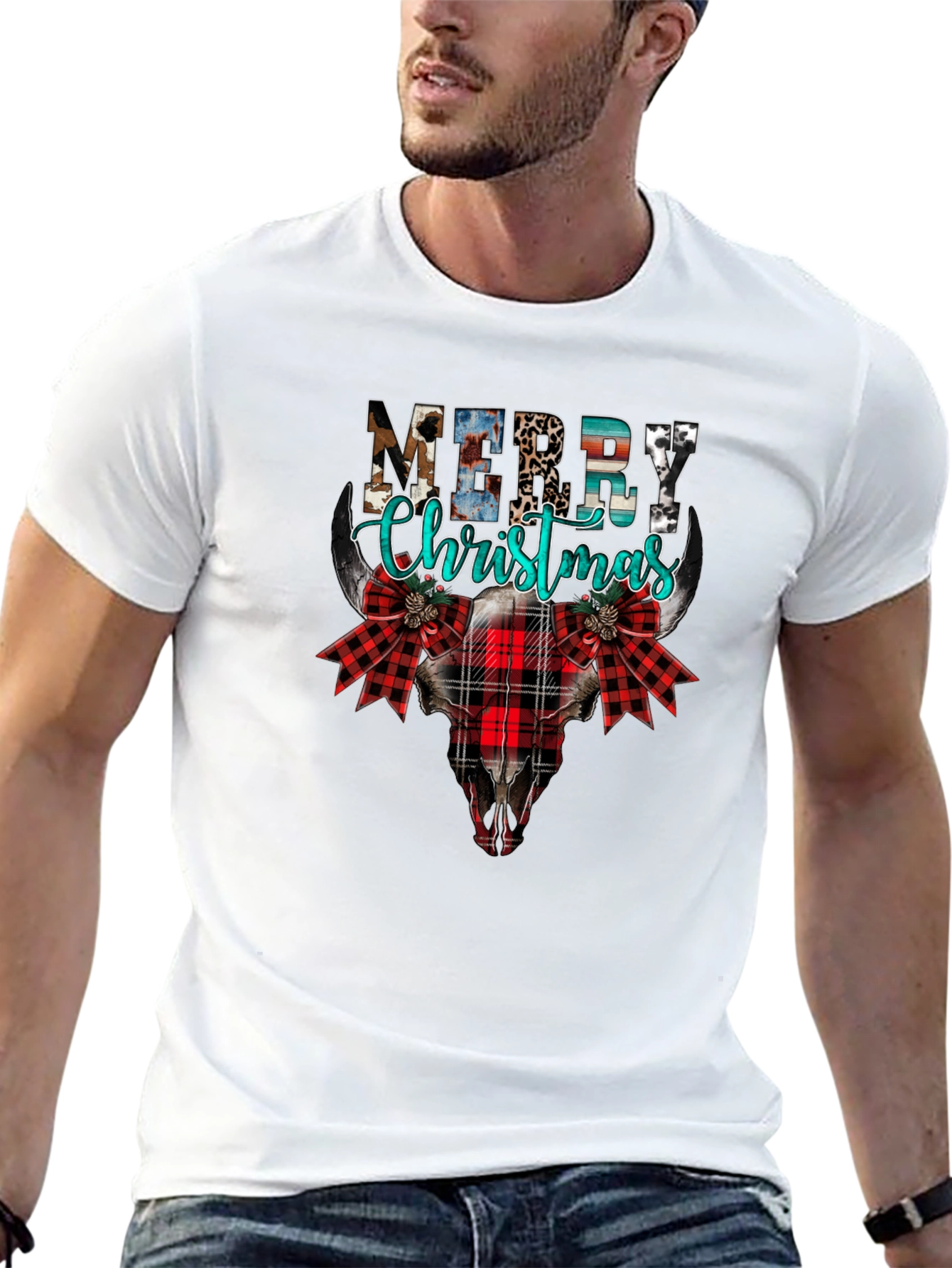 Merry Christmas Western Style Bull Skull Tee