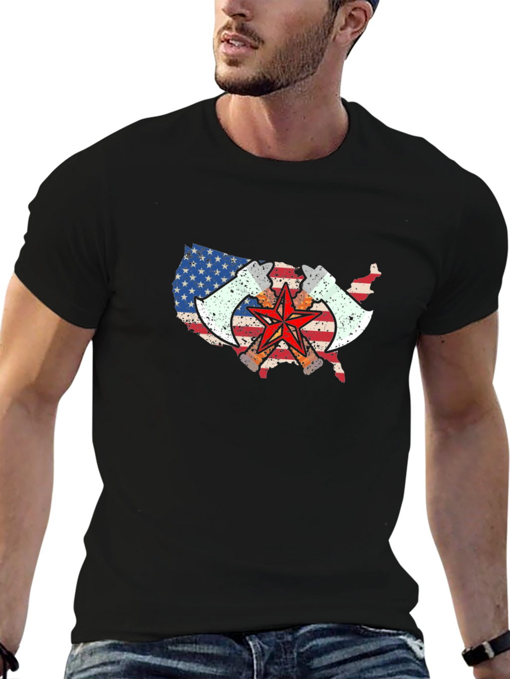 USA Map Axe & Star Graphic T-Shirt - Black