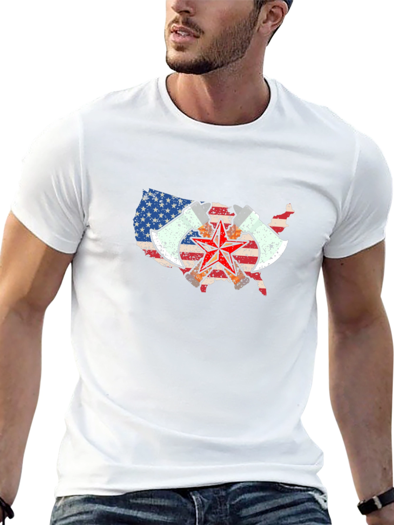 USA Map Axe & Star Graphic T-Shirt - Black