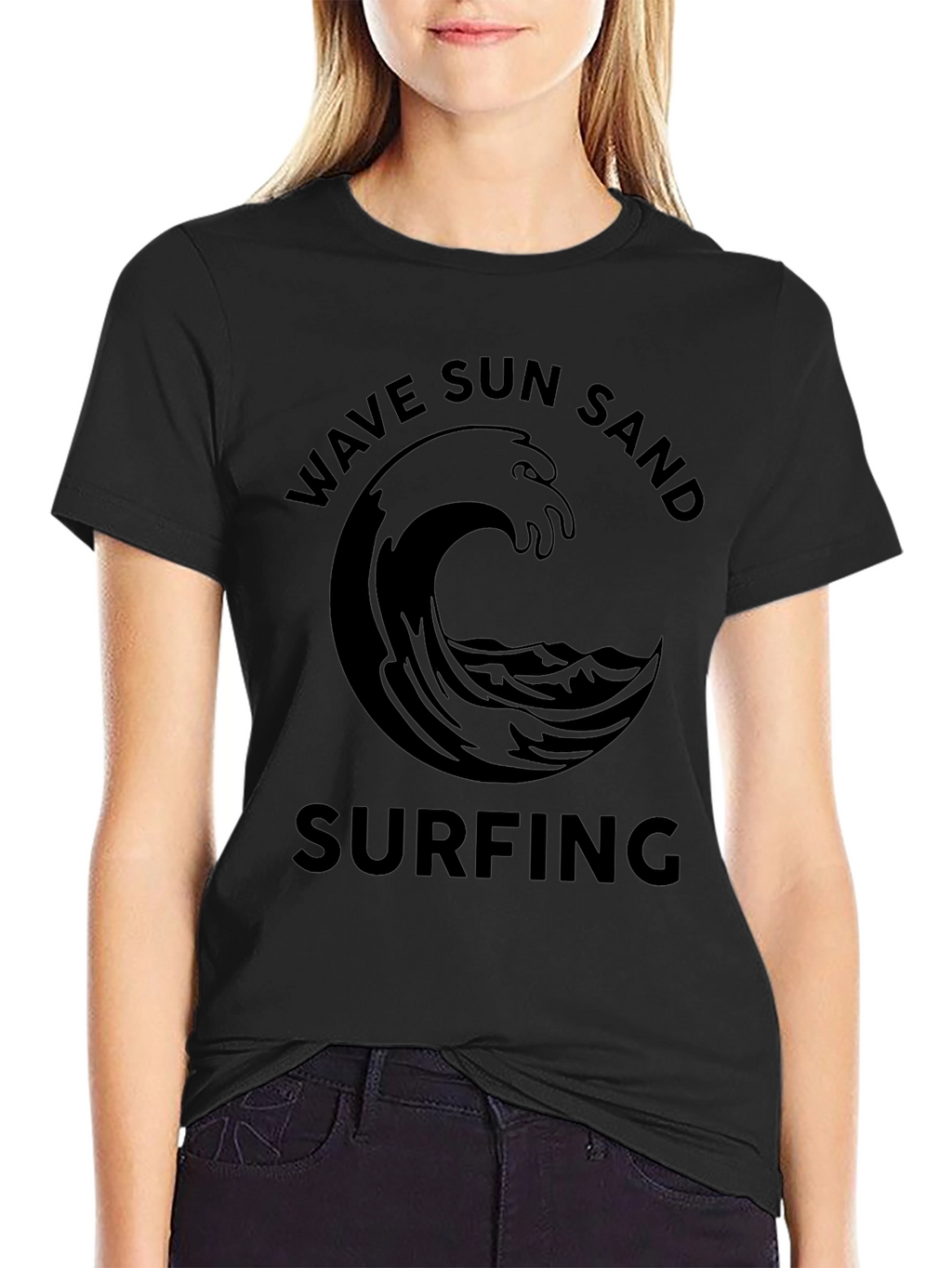Wave Sun Sand Surfing Black Graphic Tee