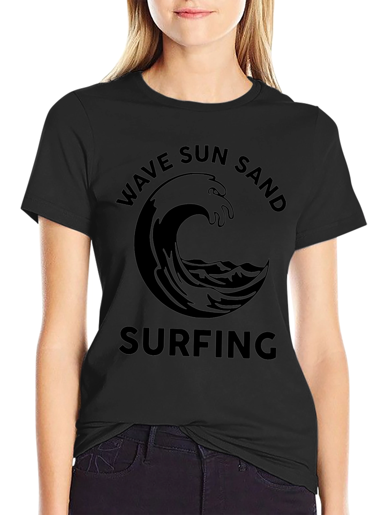 Wave Sun Sand Surfing Black Graphic Tee