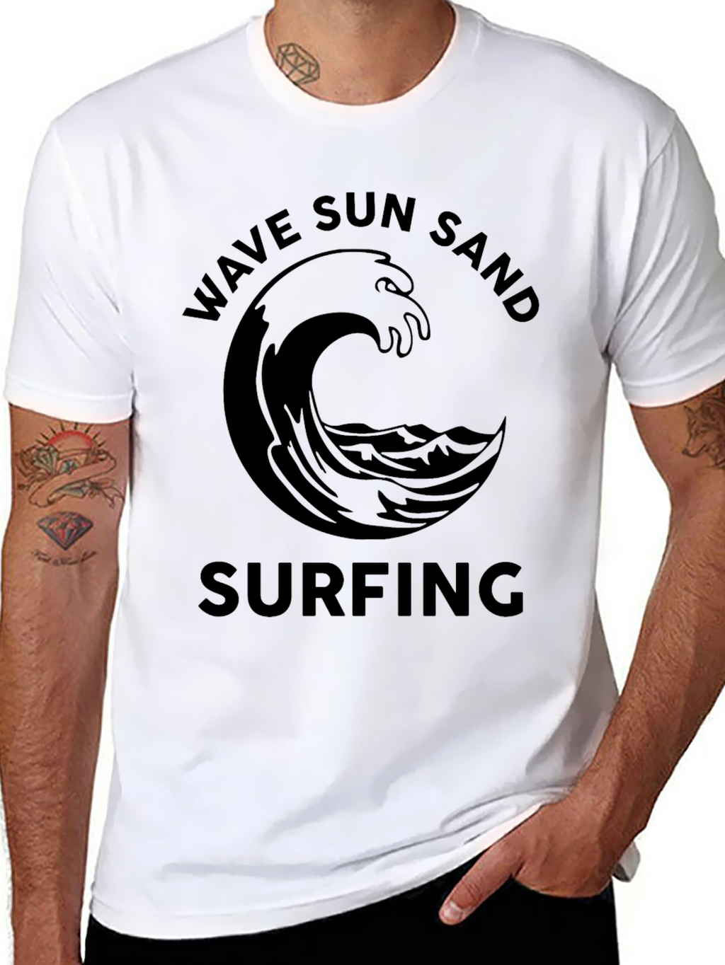 Wave Sun Sand Surfing Black Graphic Tee