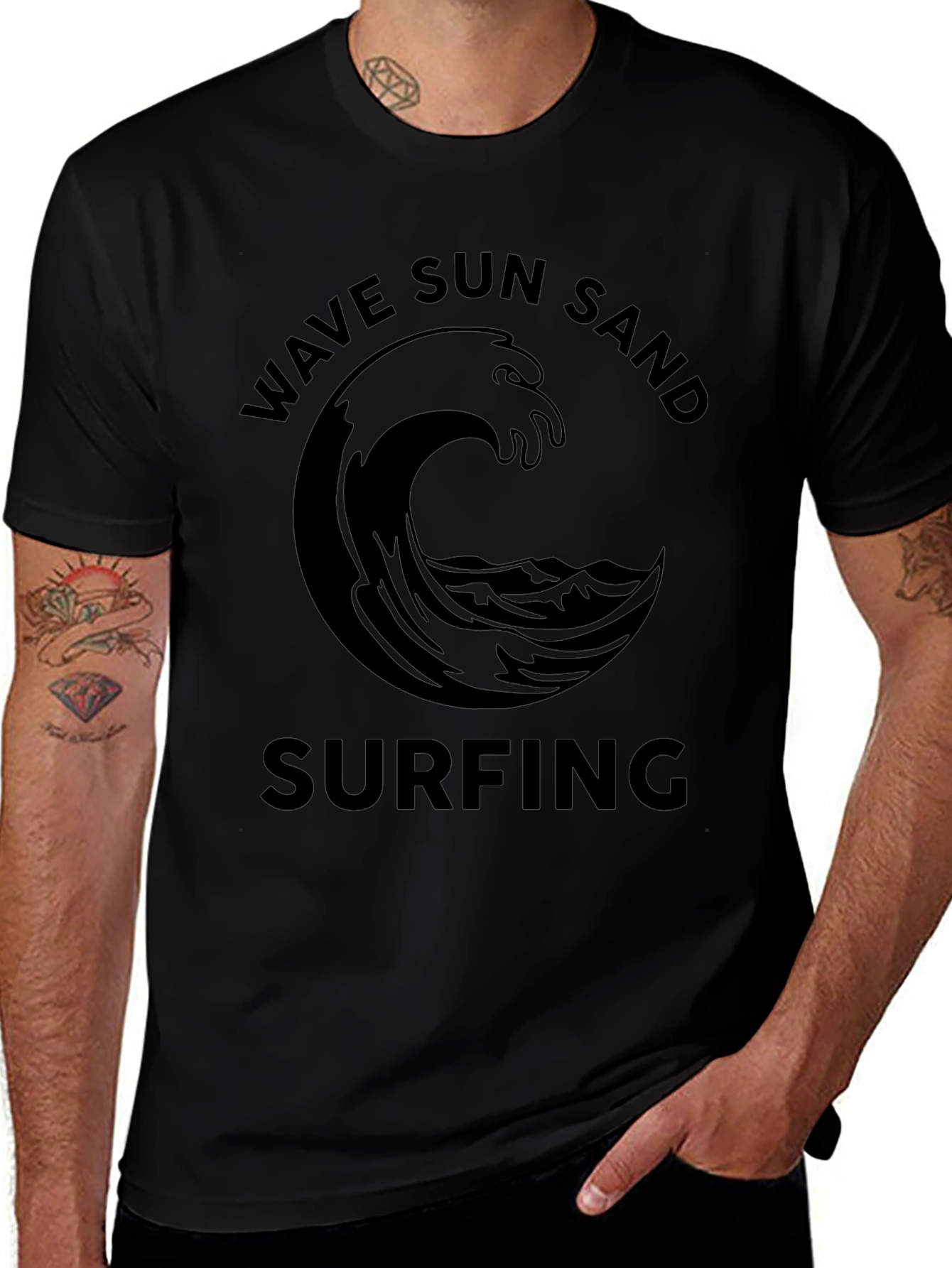 Wave Sun Sand Surfing Black Graphic Tee