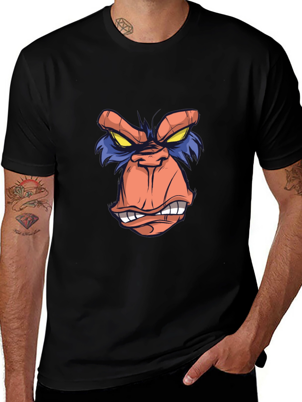 Cartoon Ape Face Graphic Tee - Black