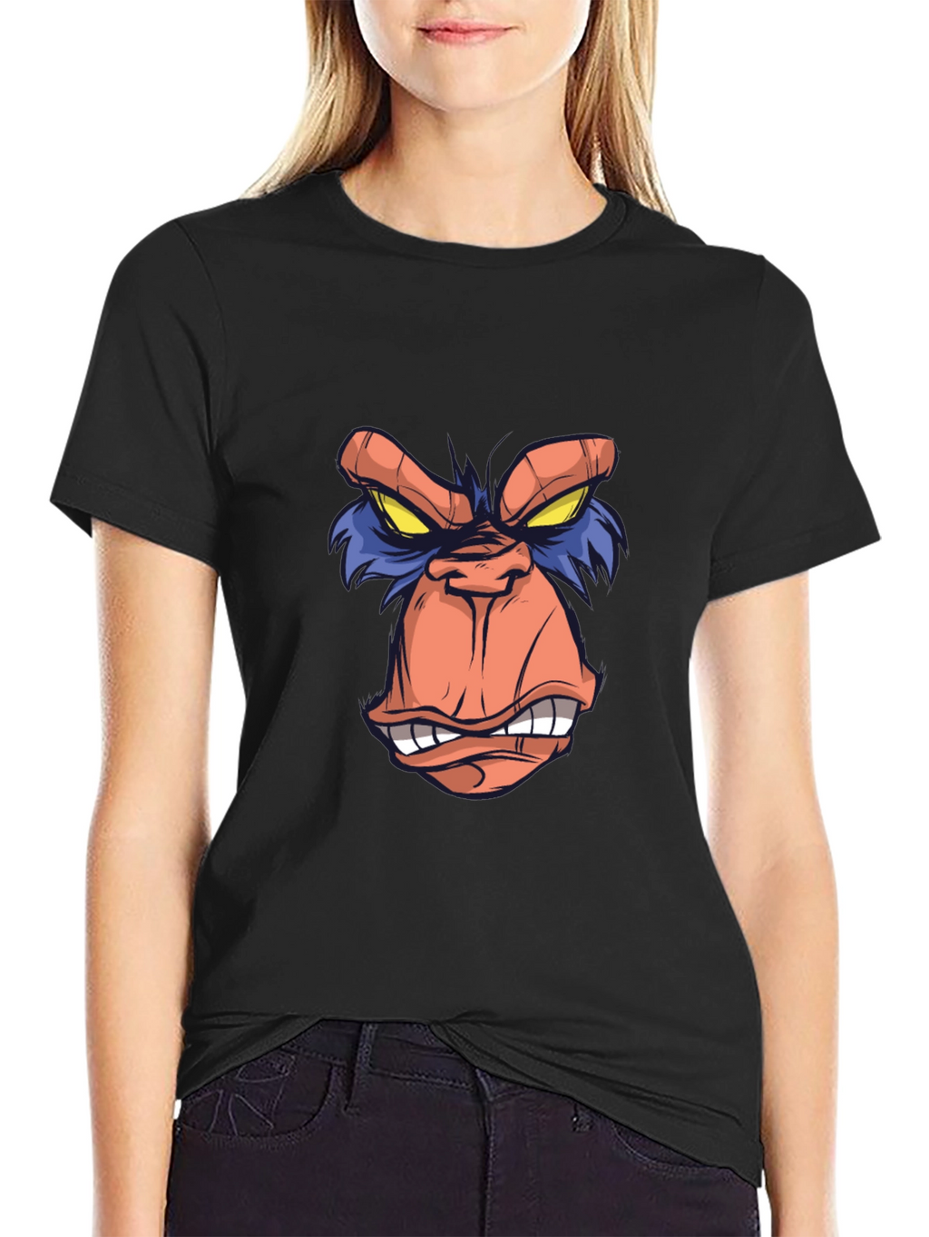 Cartoon Ape Face Graphic Tee - Black
