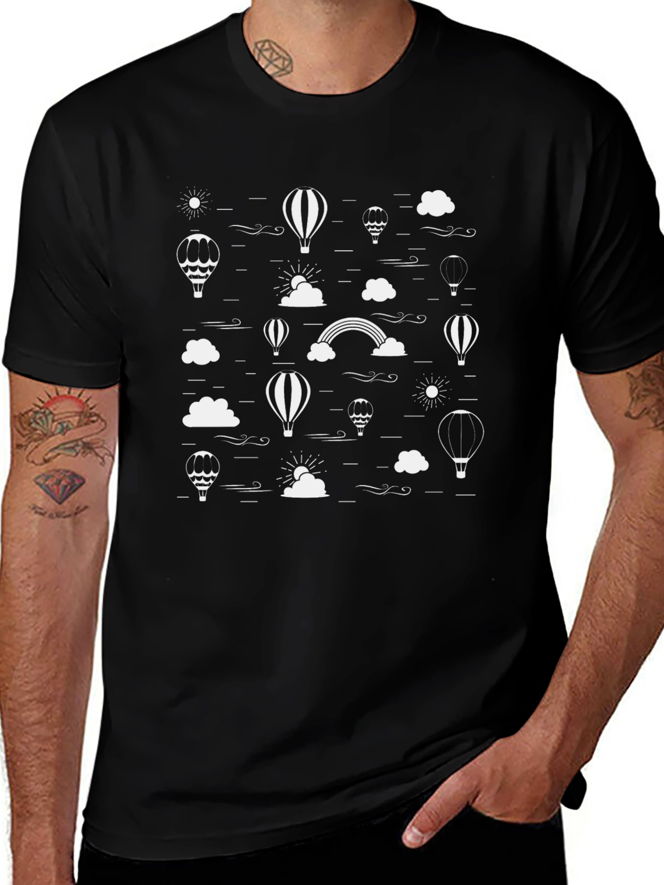 Black T-Shirt with White Hot Air Balloon Graphic Print