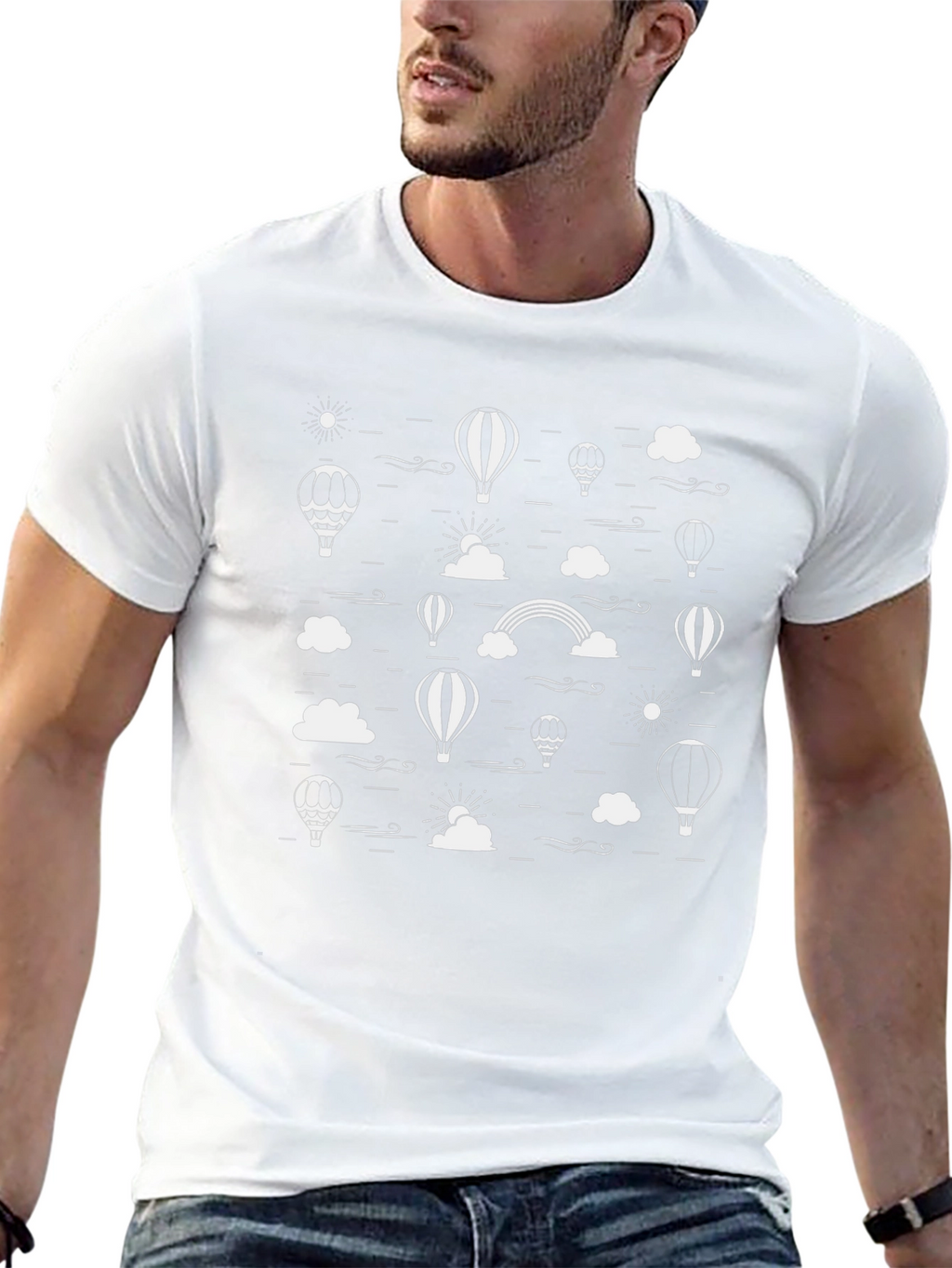 Black T-Shirt with White Hot Air Balloon Graphic Print
