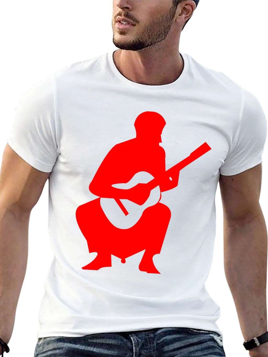 Red Guitar Player Graphic Black T-Shirt