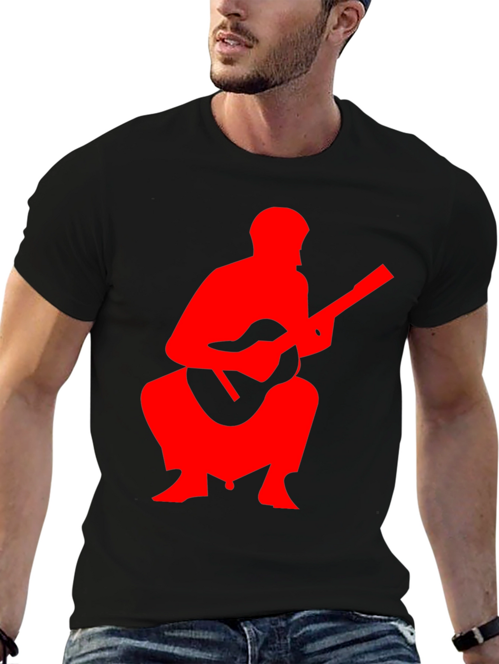 Red Guitar Player Graphic Black T-Shirt