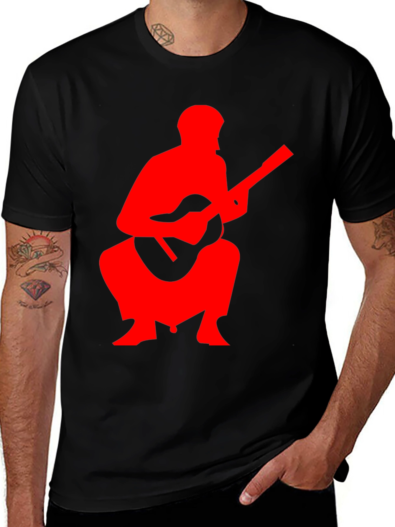 Red Guitar Player Graphic Black T-Shirt