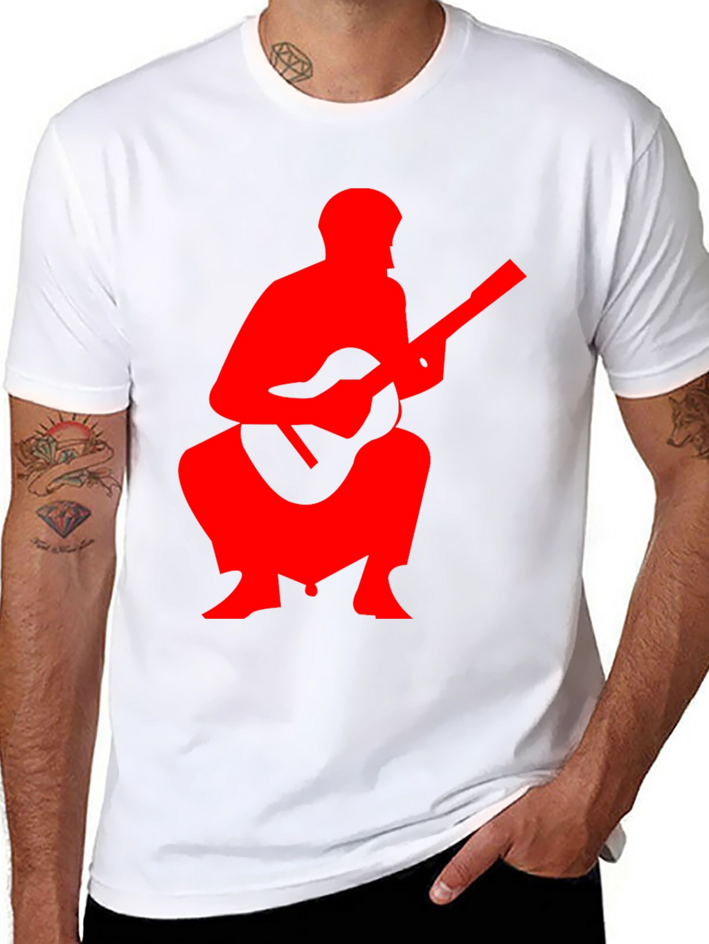 Red Guitar Player Graphic Black T-Shirt