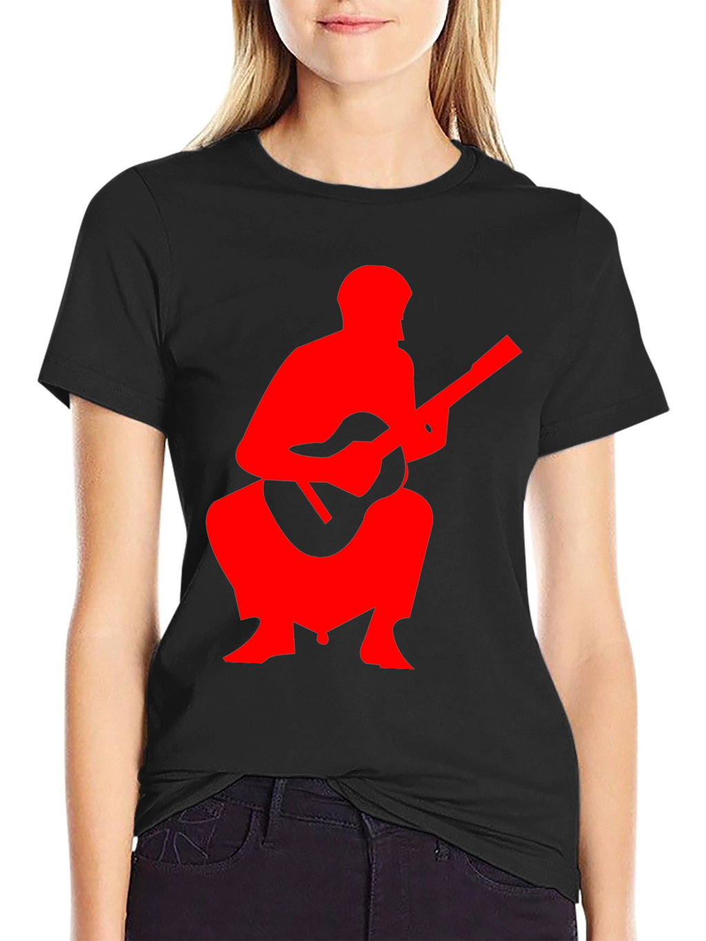 Red Guitar Player Graphic Black T-Shirt
