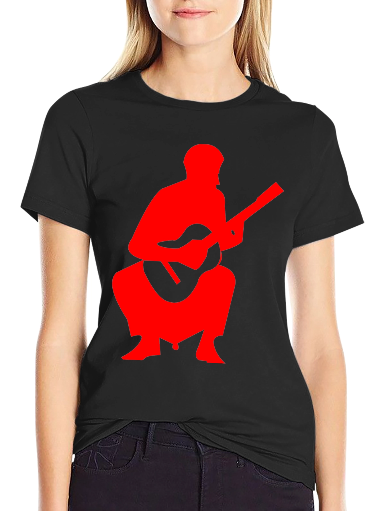 Red Guitar Player Graphic Black T-Shirt