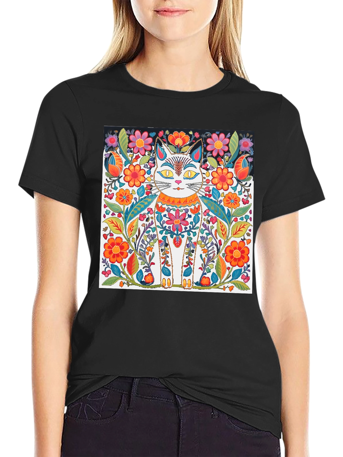 Floral Cat T-Shirt - Unique Graphic Tee